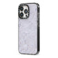 Faux Carrara Marble Print Grey iPhone 13 Pro Black Impact Case Side Angle on Silver phone