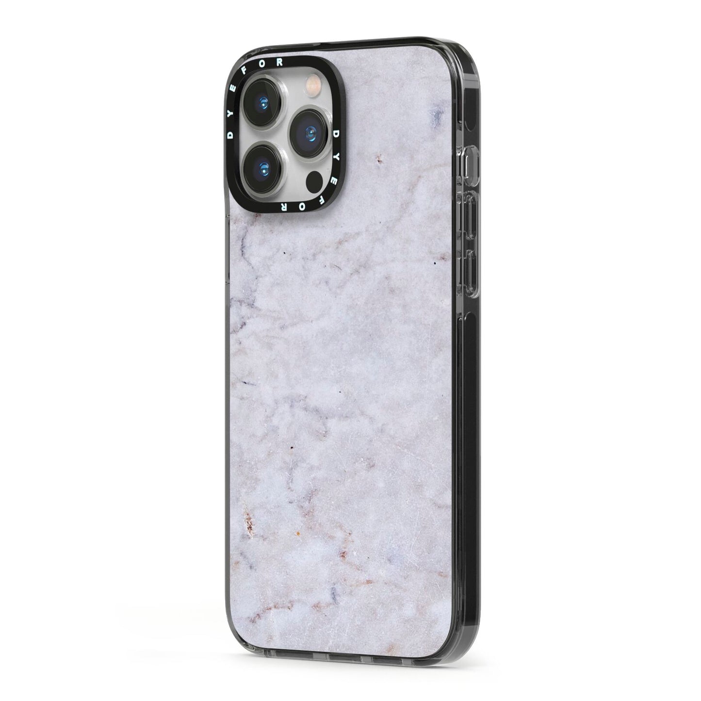 Faux Carrara Marble Print Grey iPhone 13 Pro Max Black Impact Case Side Angle on Silver phone