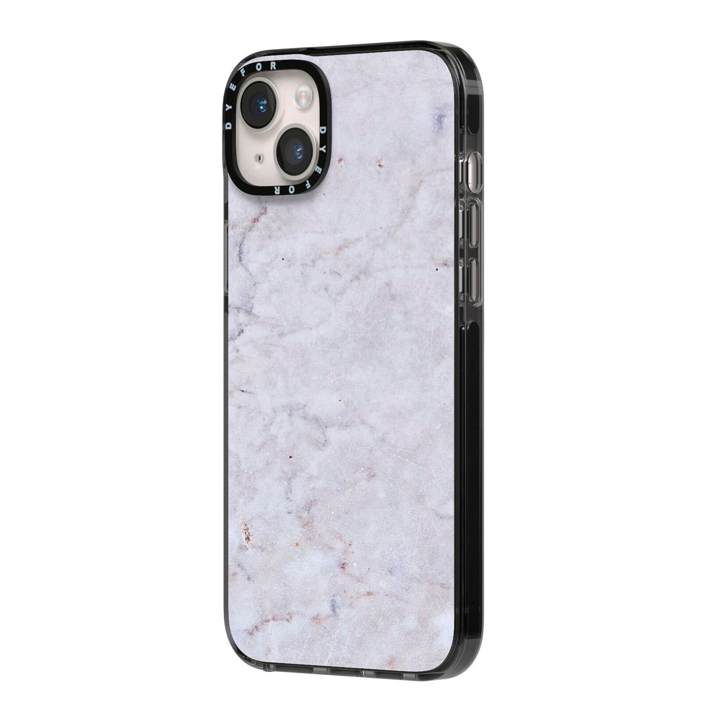 Faux Carrara Marble Print Grey iPhone 14 Plus Black Impact Case Side Angle on Silver phone