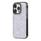 Faux Carrara Marble Print Grey iPhone 14 Pro Black Impact Case Side Angle on Silver phone
