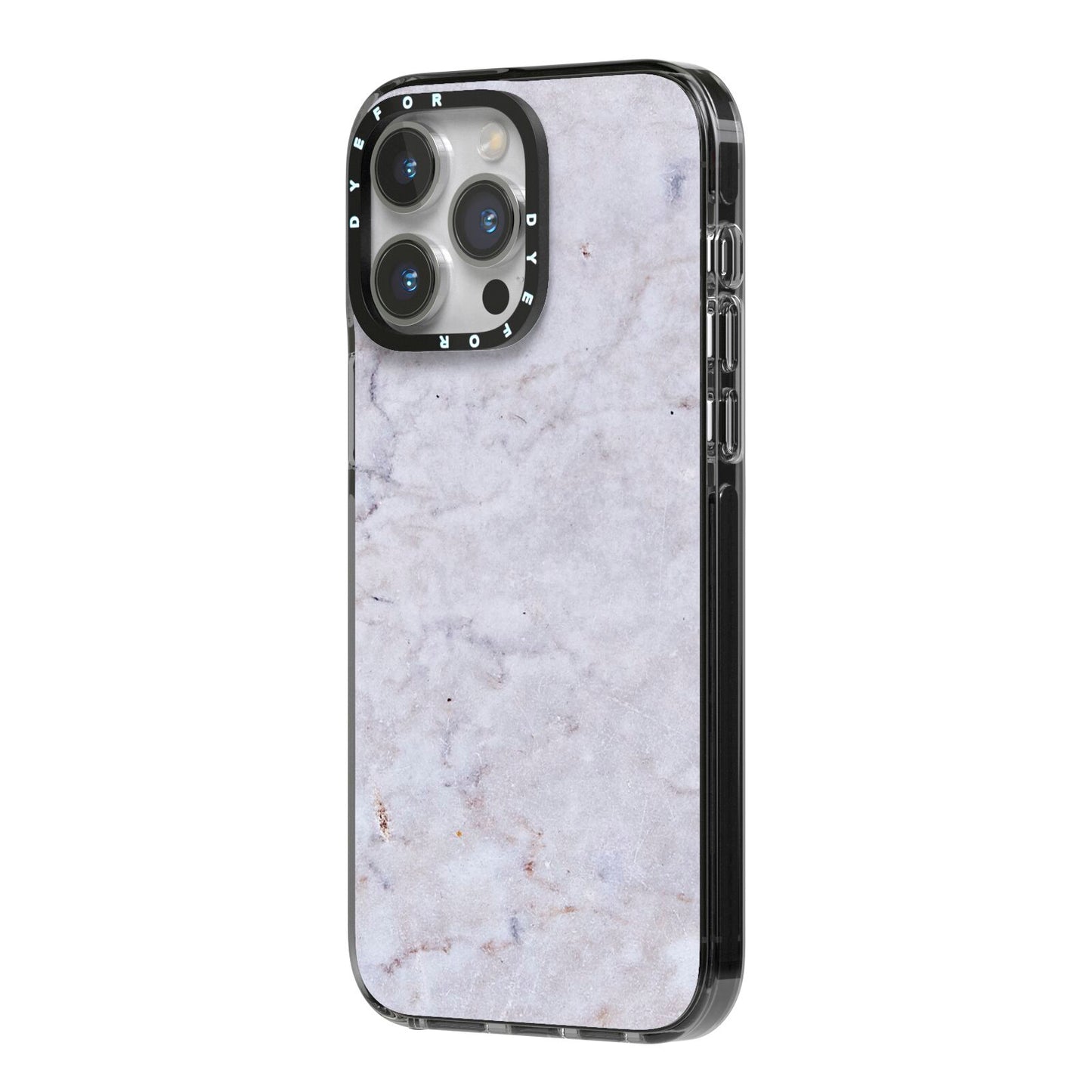 Faux Carrara Marble Print Grey iPhone 14 Pro Max Black Impact Case Side Angle on Silver phone