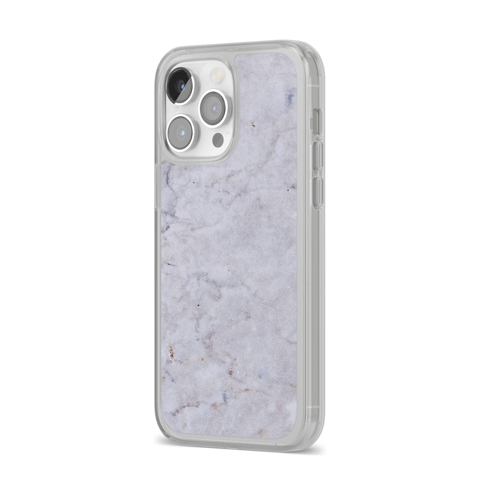 Faux Carrara Marble Print Grey iPhone 14 Pro Max Clear Tough Case Silver Angled Image