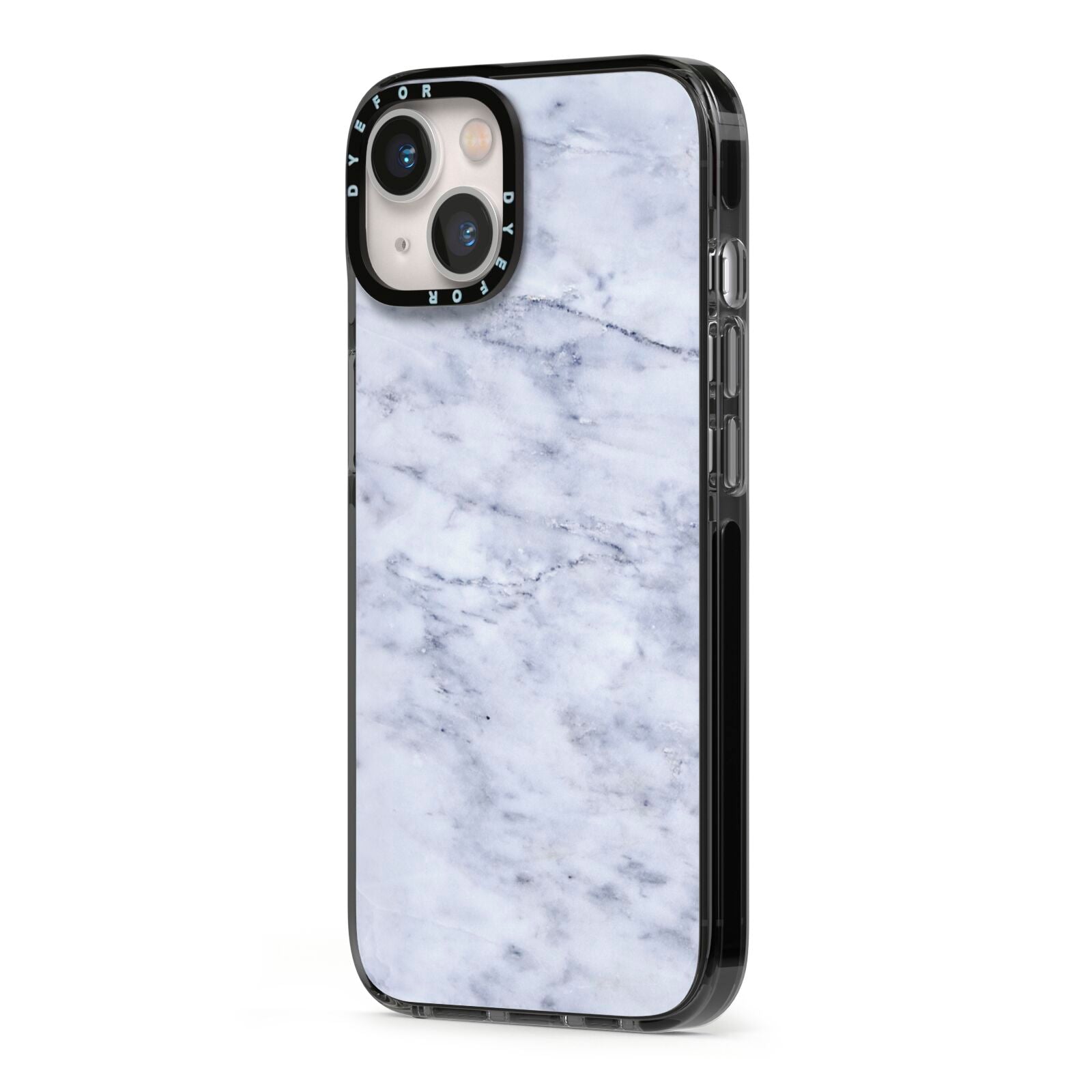 Faux Carrara Marble Print iPhone 13 Black Impact Case Side Angle on Silver phone