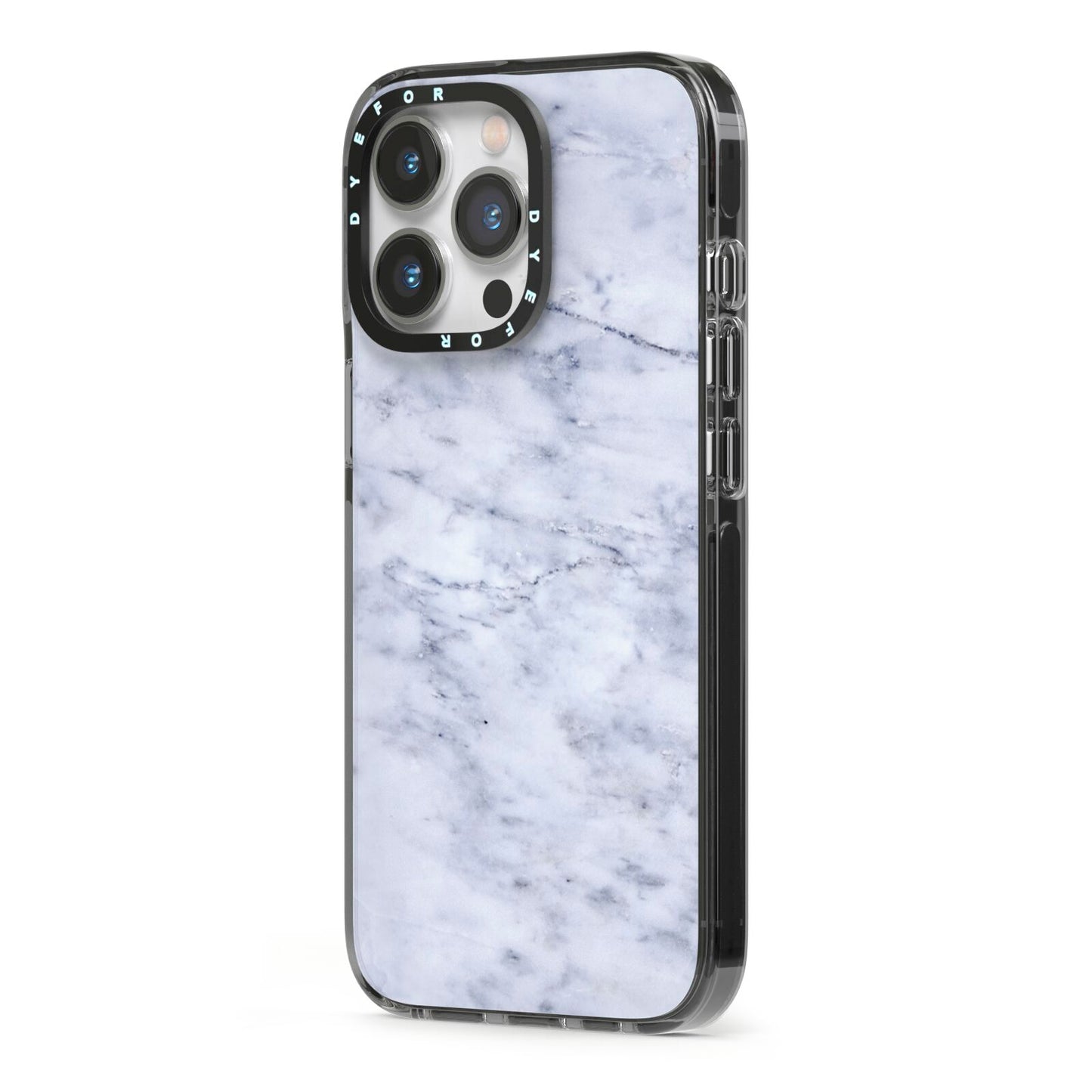 Faux Carrara Marble Print iPhone 13 Pro Black Impact Case Side Angle on Silver phone