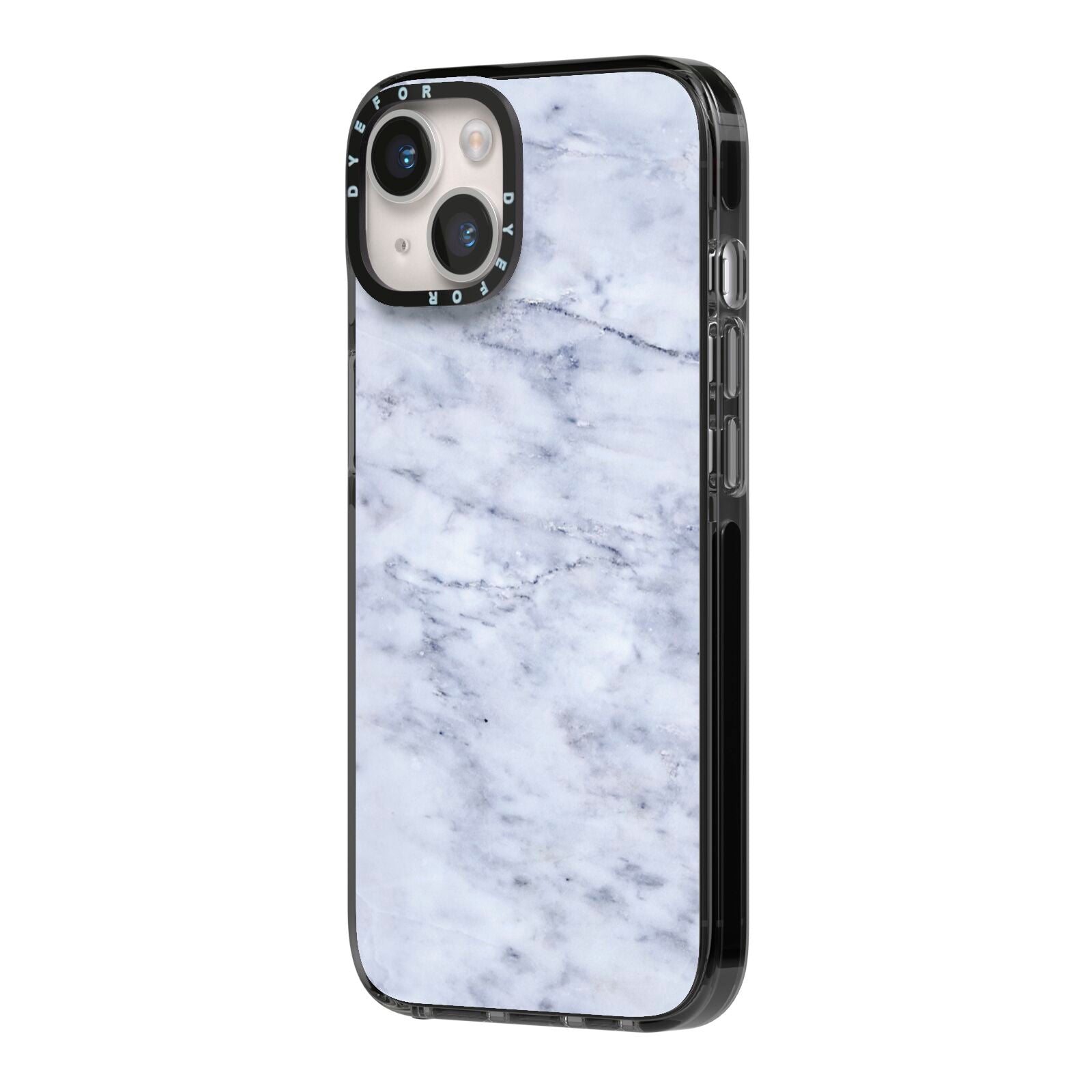 Faux Carrara Marble Print iPhone 14 Black Impact Case Side Angle on Silver phone