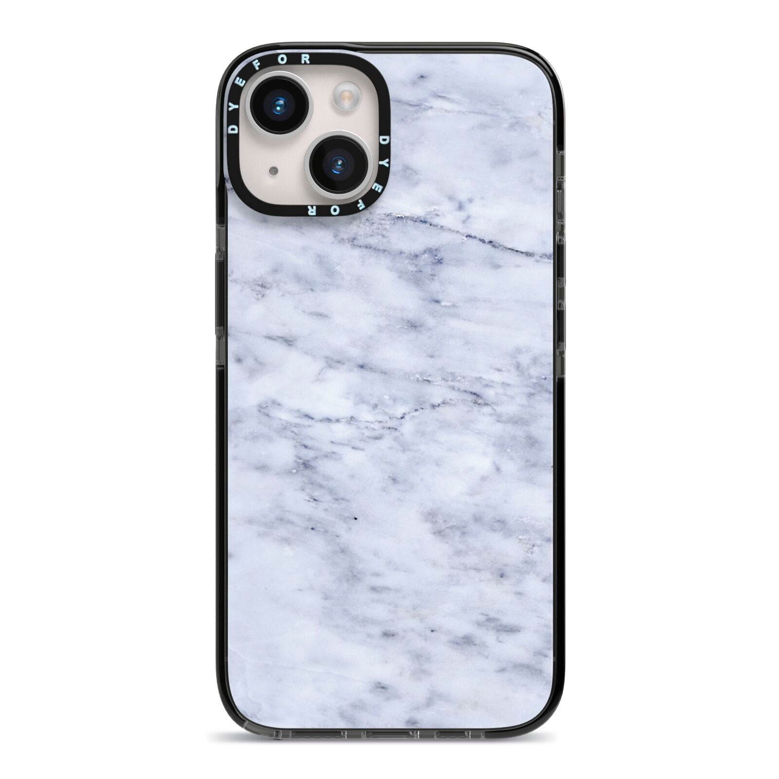 Faux Carrara Marble Print iPhone 14 Black Impact Case on Silver phone