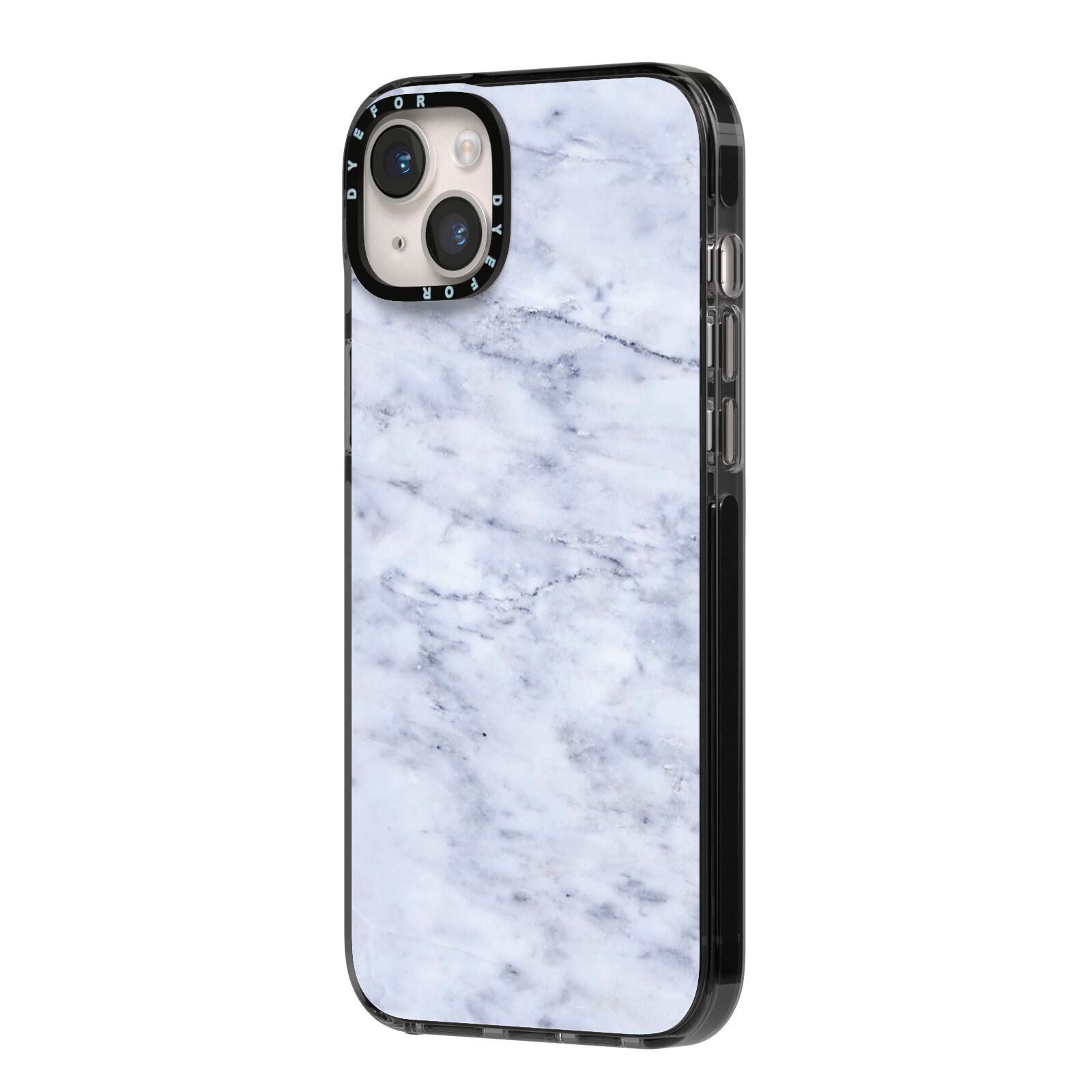 Faux Carrara Marble Print iPhone 14 Plus Black Impact Case Side Angle on Silver phone