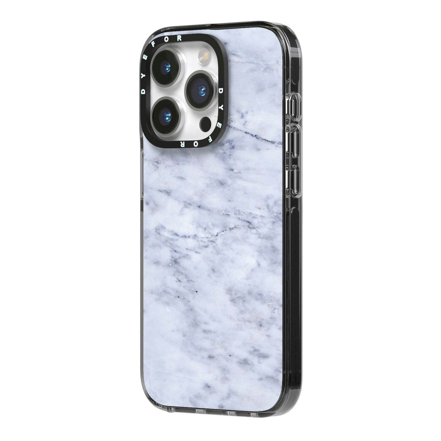 Faux Carrara Marble Print iPhone 14 Pro Black Impact Case Side Angle on Silver phone