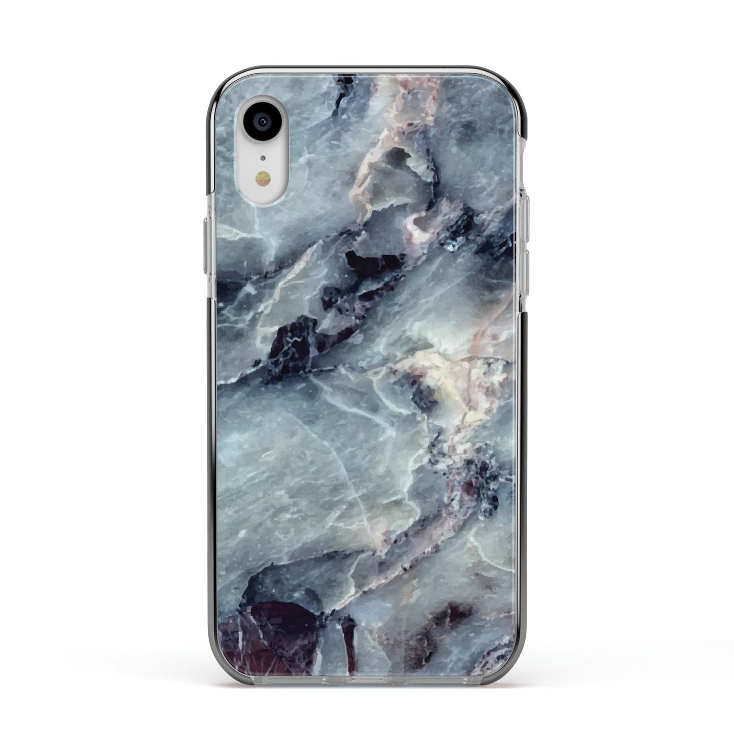 Faux Marble Blue Grey Apple iPhone XR Impact Case Black Edge on Silver Phone