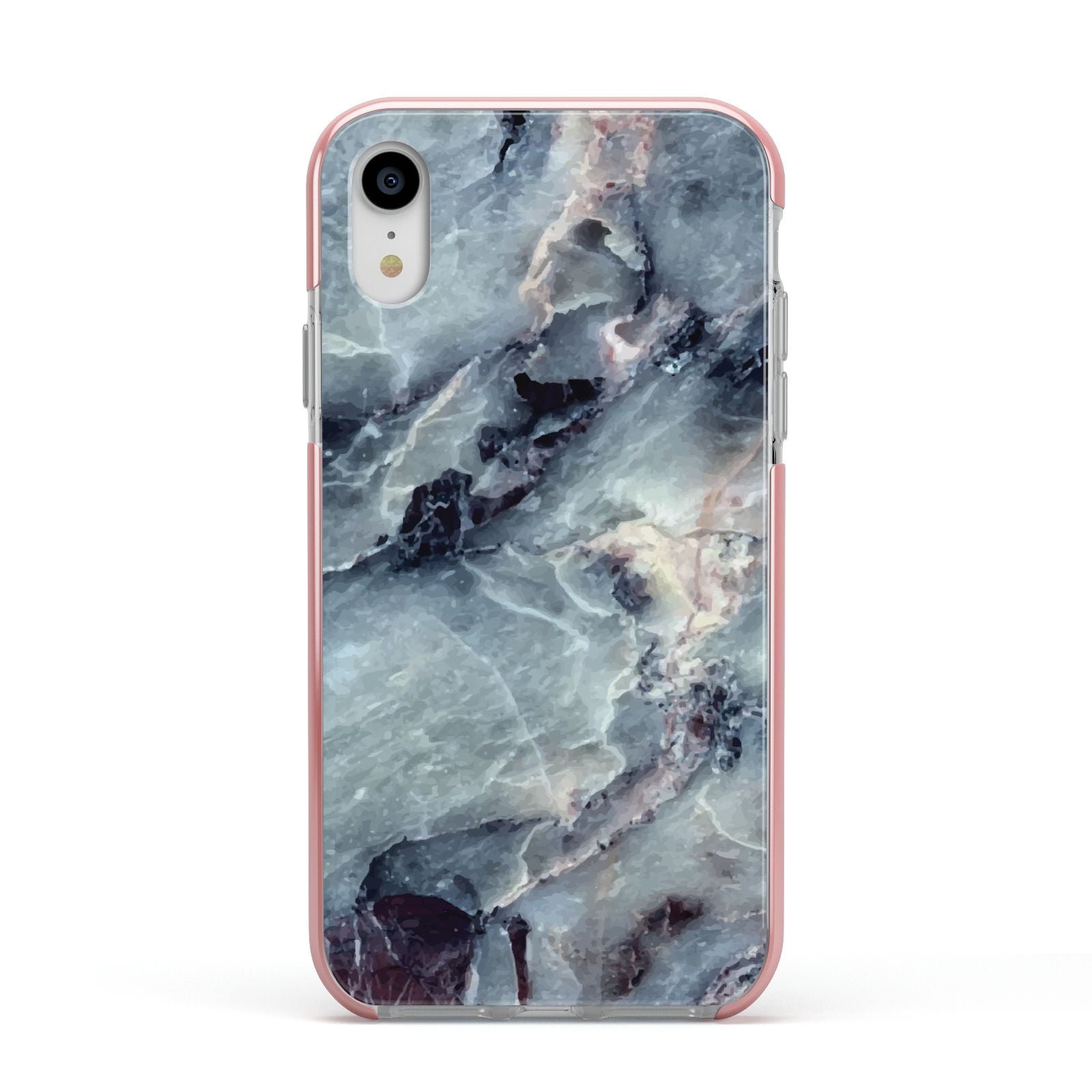 Faux Marble Blue Grey Apple iPhone XR Impact Case Pink Edge on Silver Phone