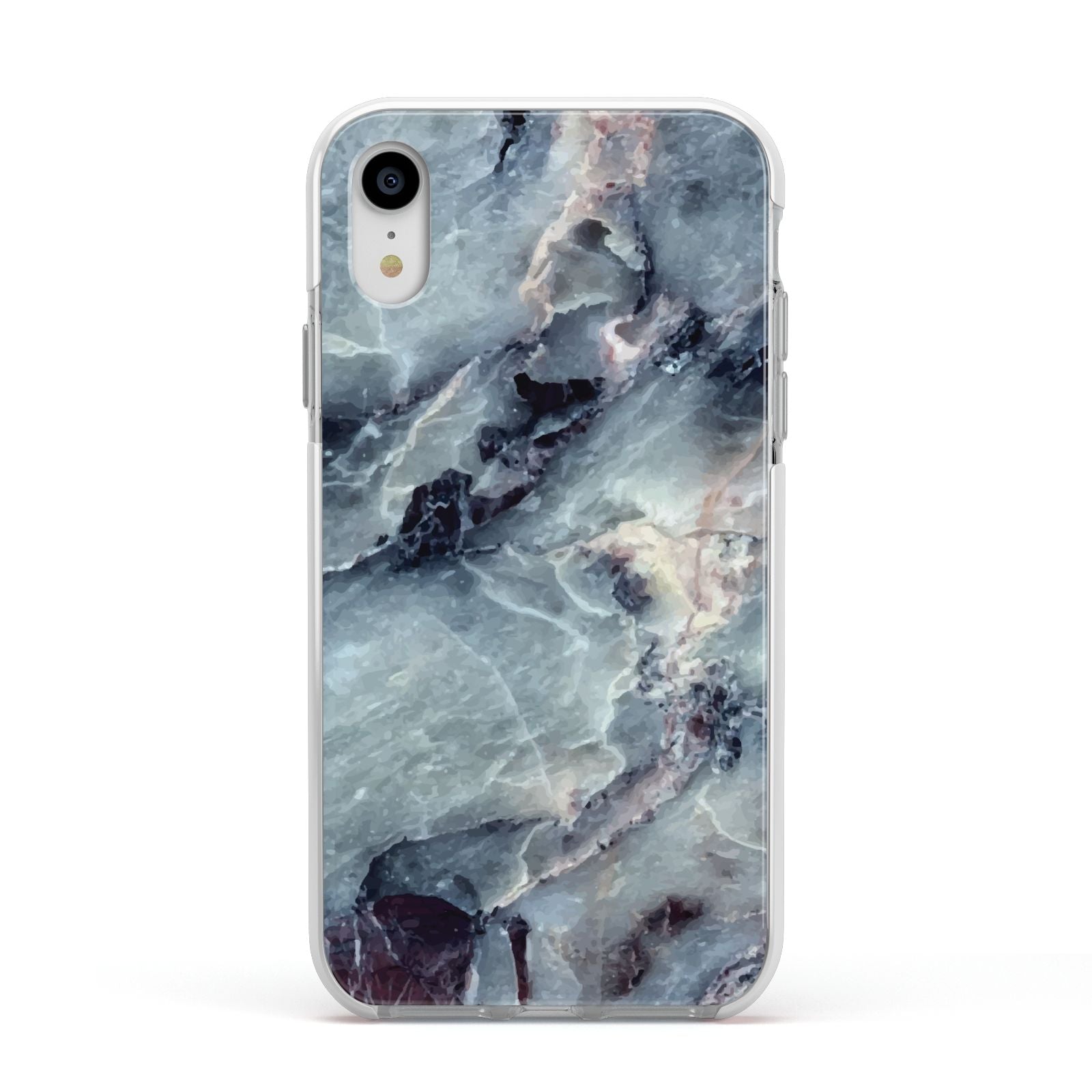 Faux Marble Blue Grey Apple iPhone XR Impact Case White Edge on Silver Phone