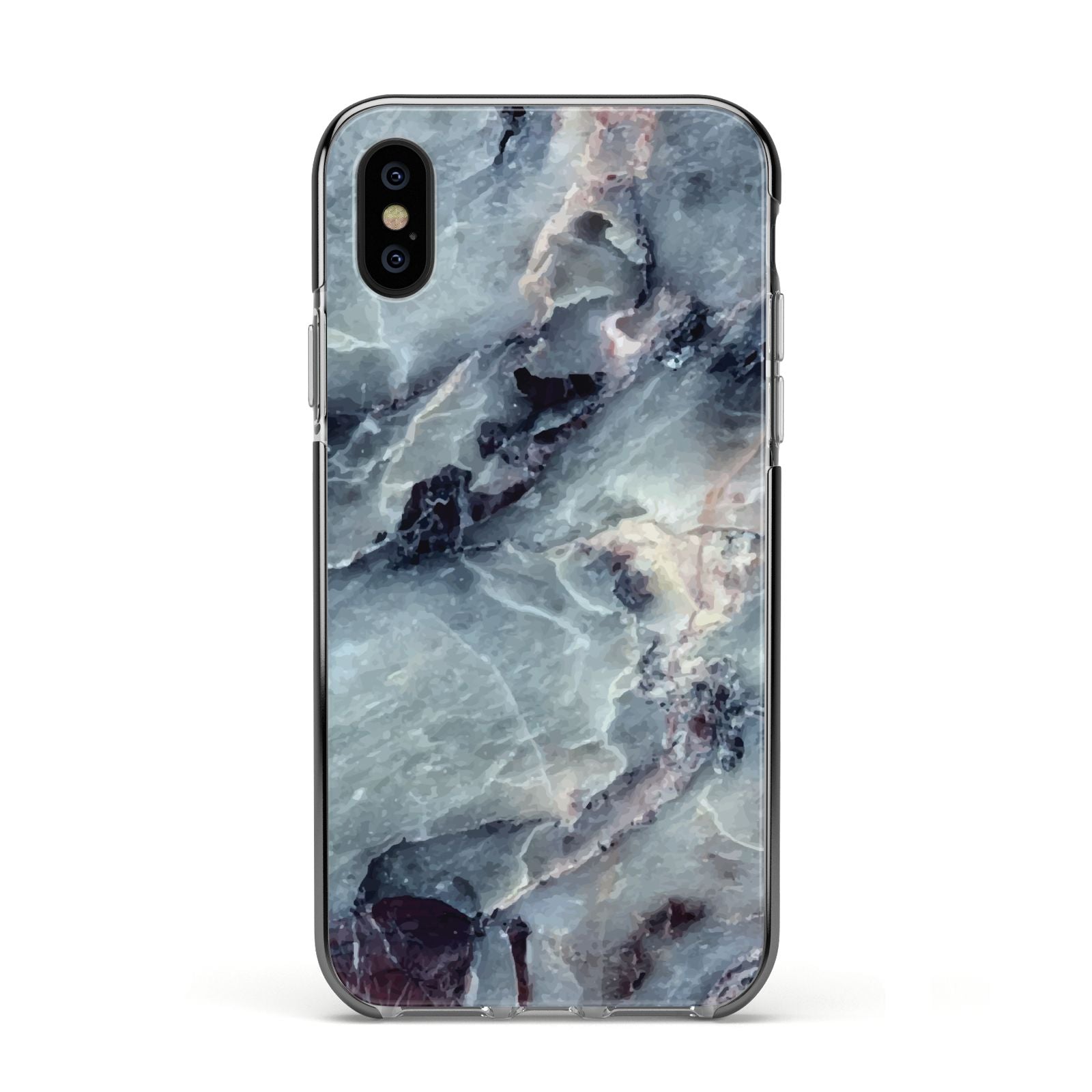 Faux Marble Blue Grey Apple iPhone Xs Impact Case Black Edge on Black Phone