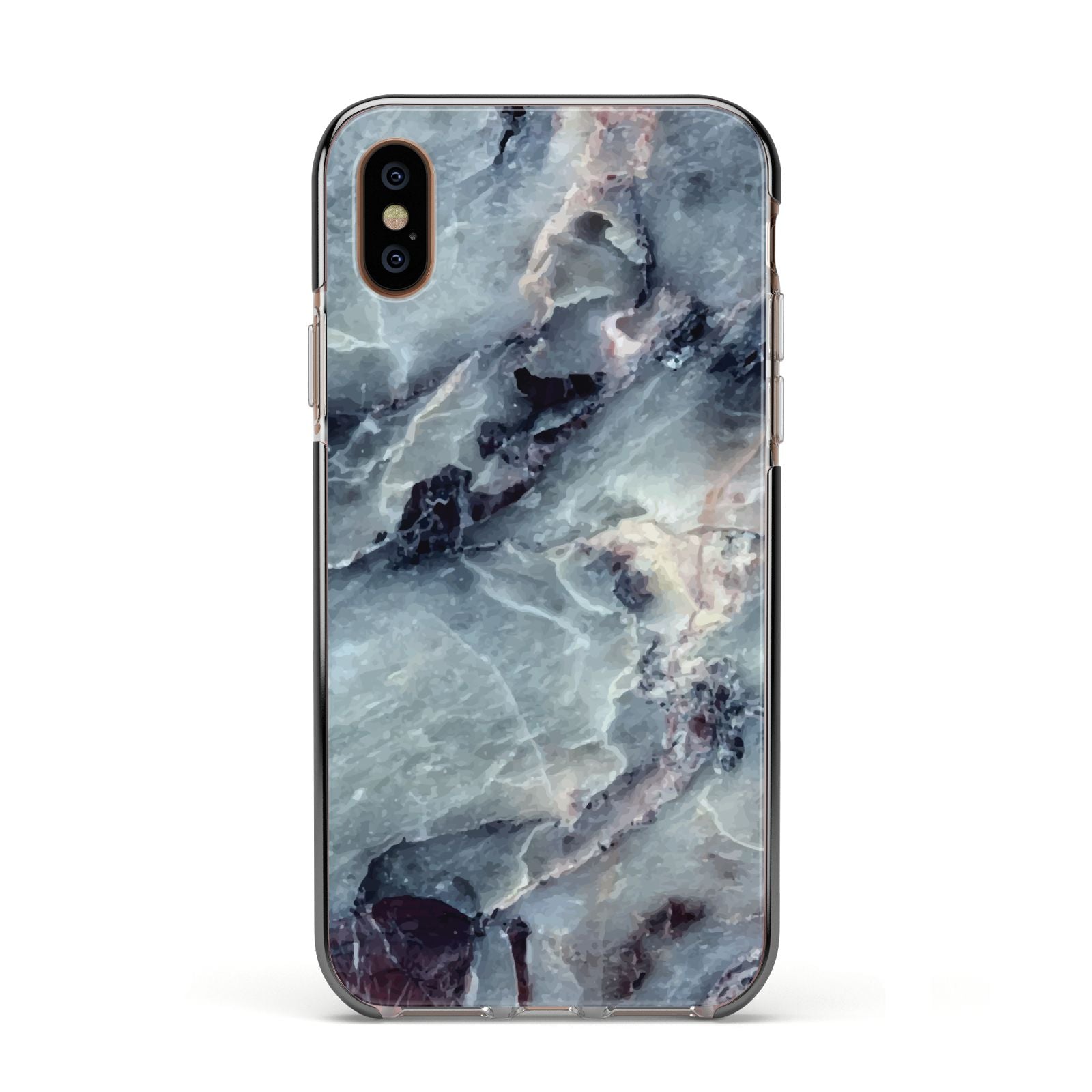 Faux Marble Blue Grey Apple iPhone Xs Impact Case Black Edge on Gold Phone