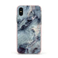 Faux Marble Blue Grey Apple iPhone Xs Impact Case Pink Edge on Black Phone