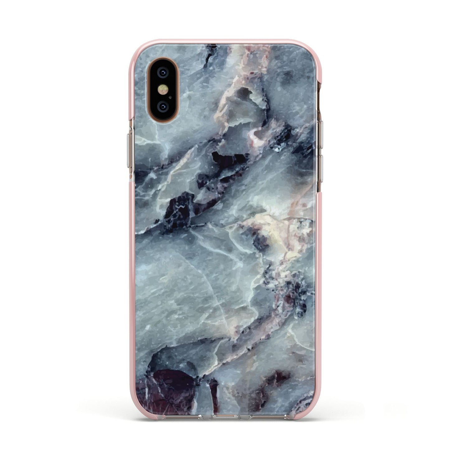 Faux Marble Blue Grey Apple iPhone Xs Impact Case Pink Edge on Gold Phone