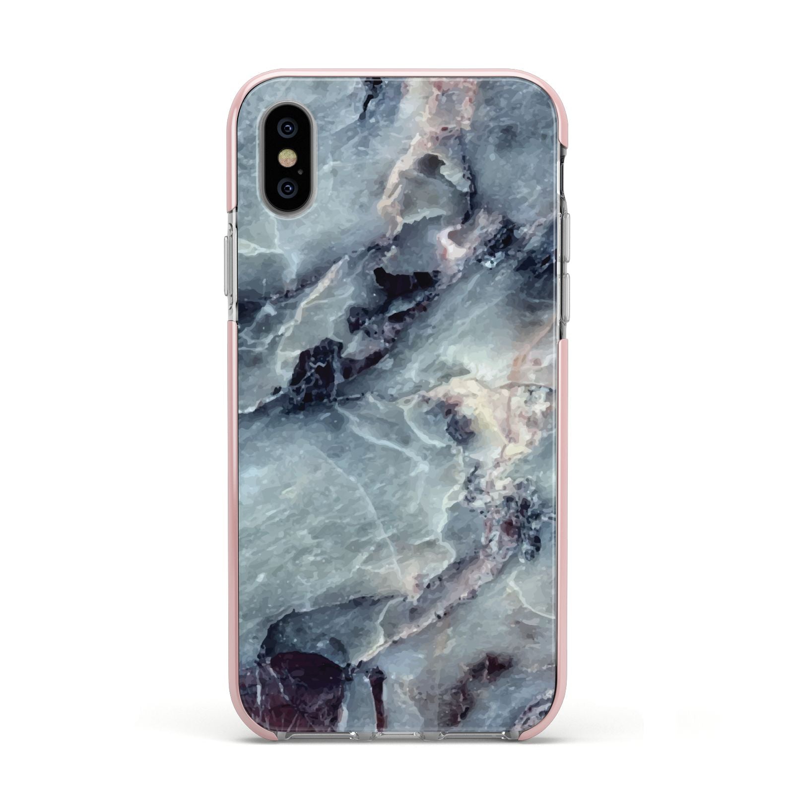 Faux Marble Blue Grey Apple iPhone Xs Impact Case Pink Edge on Silver Phone
