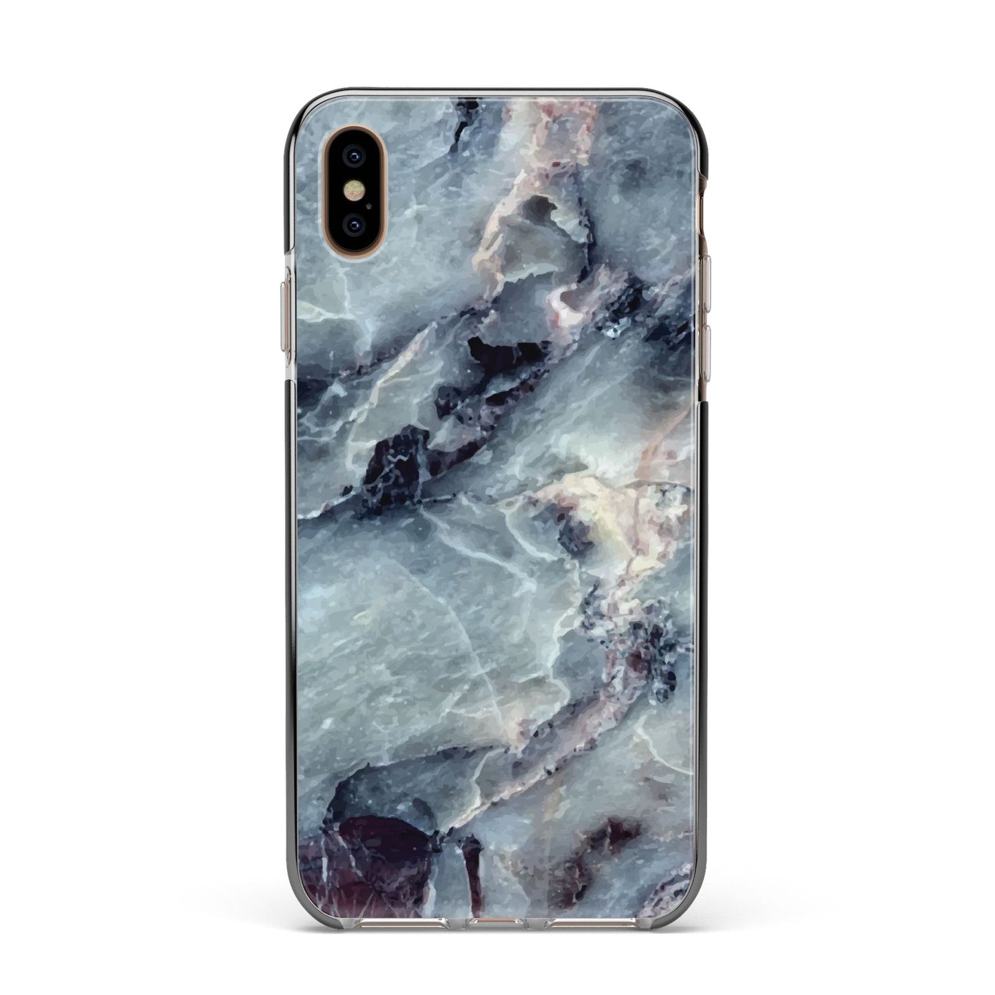 Faux Marble Blue Grey Apple iPhone Xs Max Impact Case Black Edge on Gold Phone