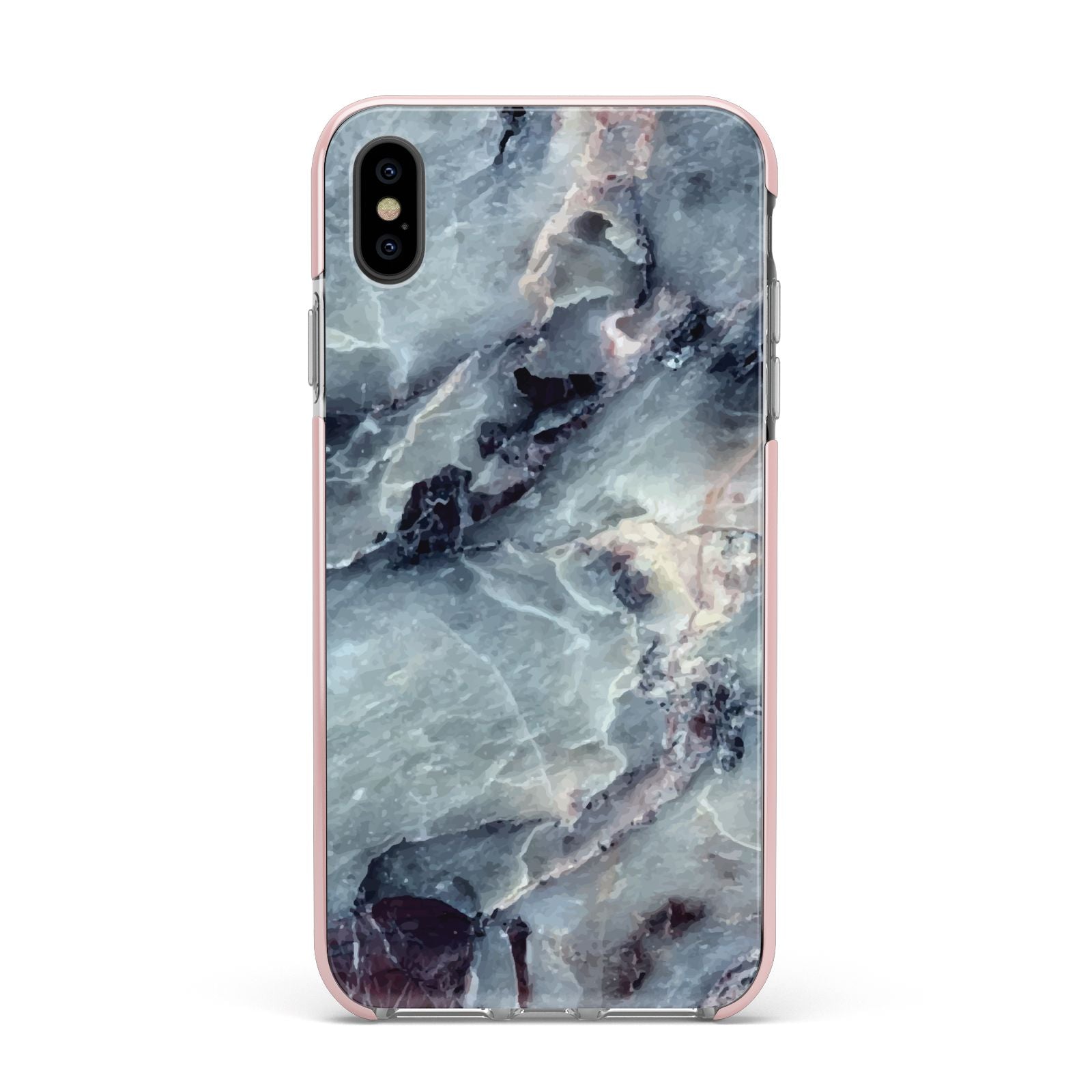 Faux Marble Blue Grey Apple iPhone Xs Max Impact Case Pink Edge on Black Phone