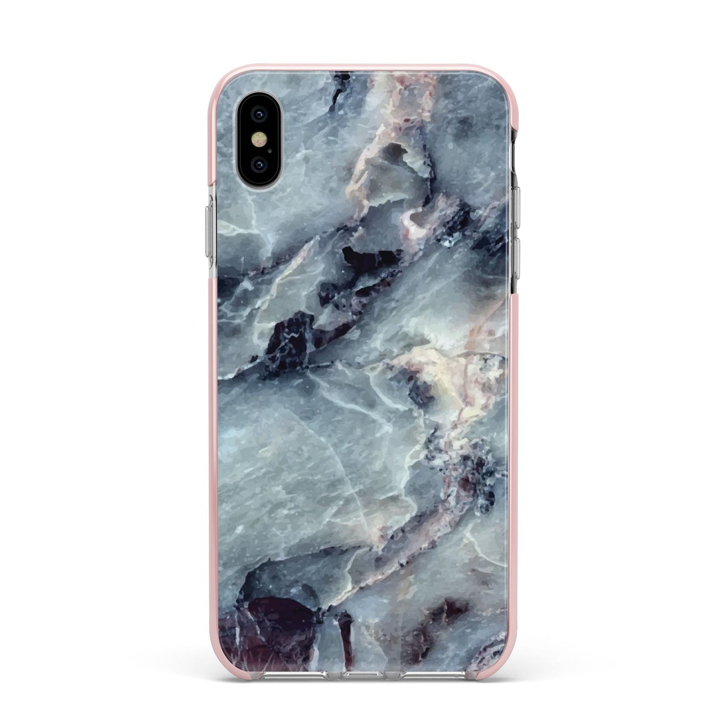 Faux Marble Blue Grey Apple iPhone Xs Max Impact Case Pink Edge on Silver Phone