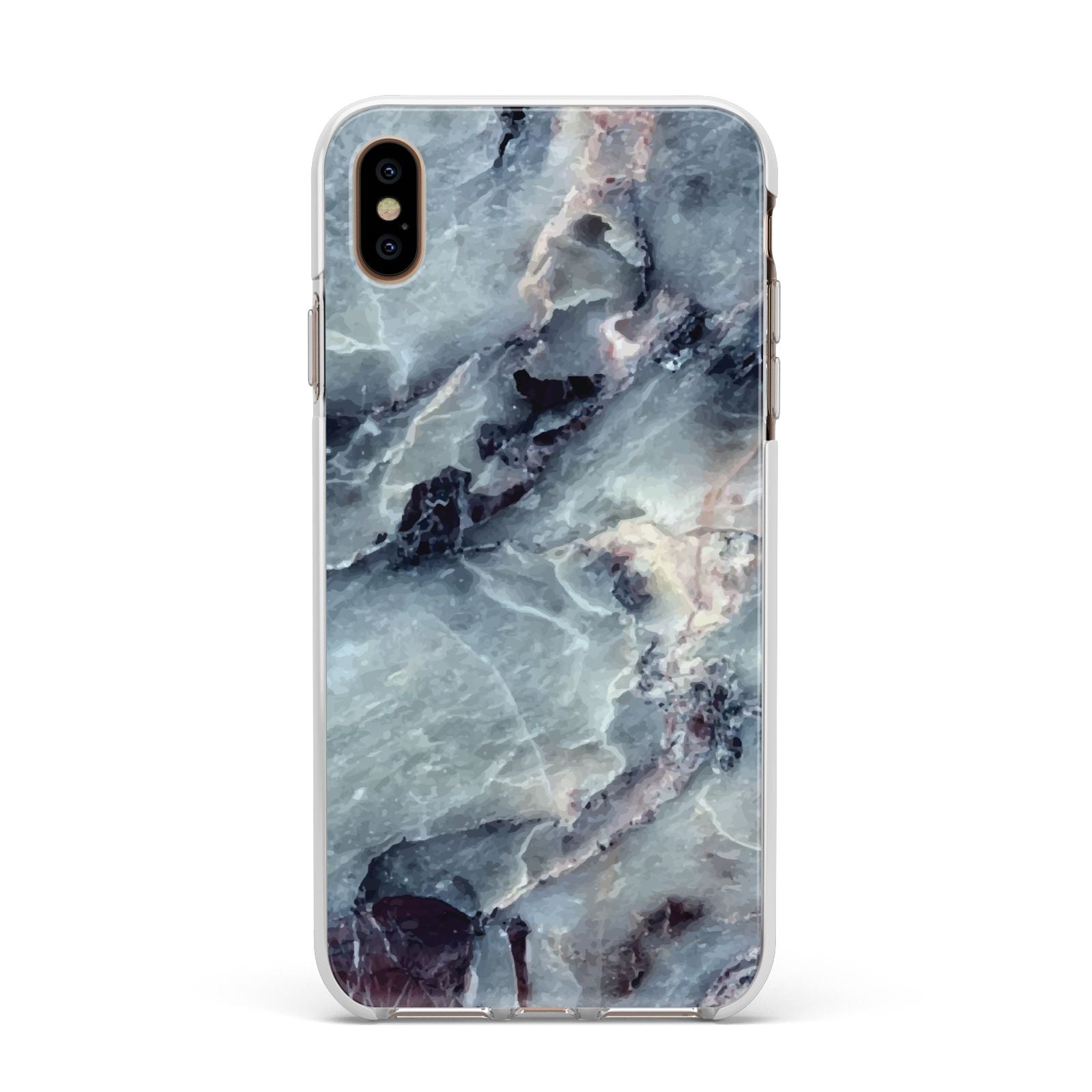 Faux Marble Blue Grey Apple iPhone Xs Max Impact Case White Edge on Gold Phone