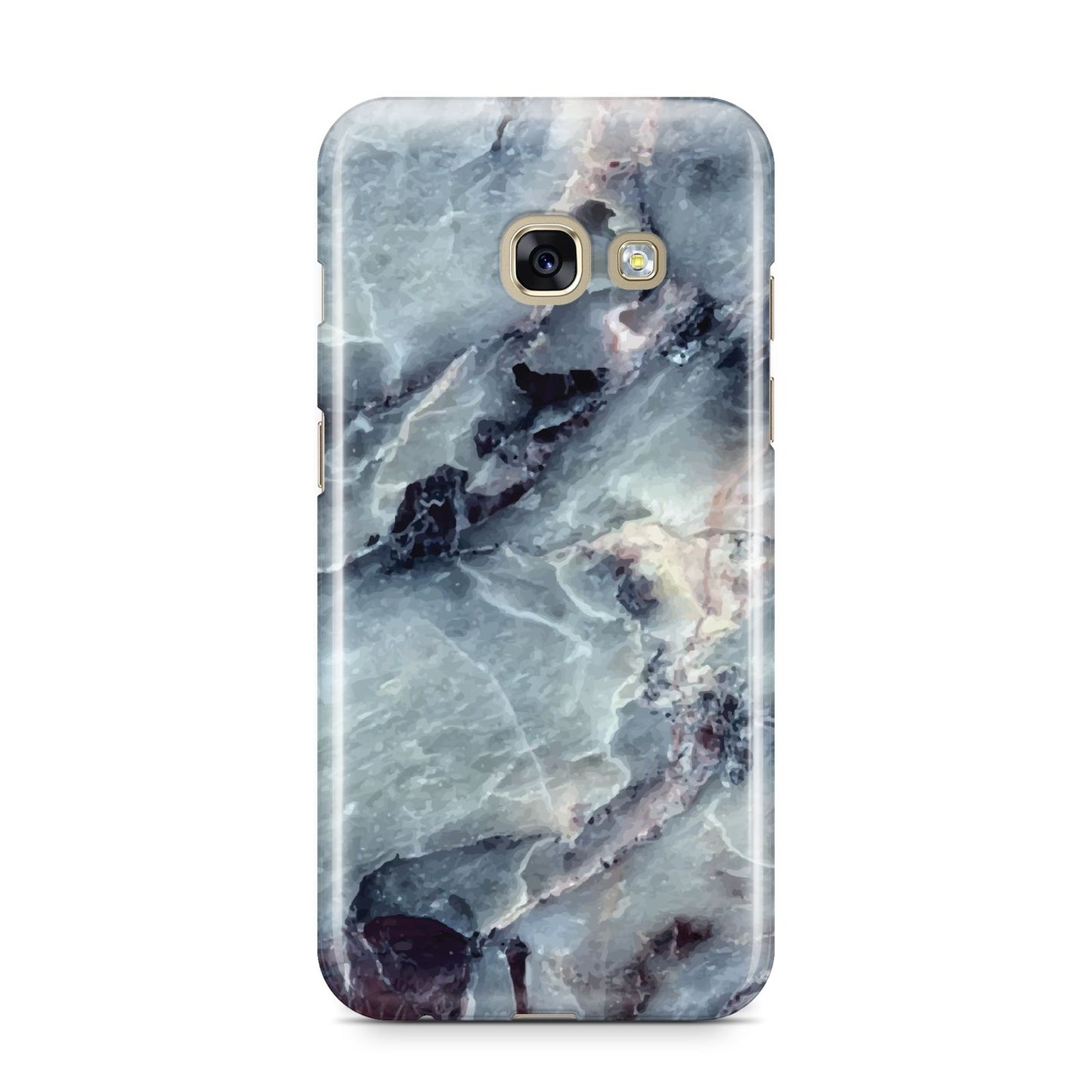 Faux Marble Blue Grey Samsung Galaxy A3 2017 Case on gold phone