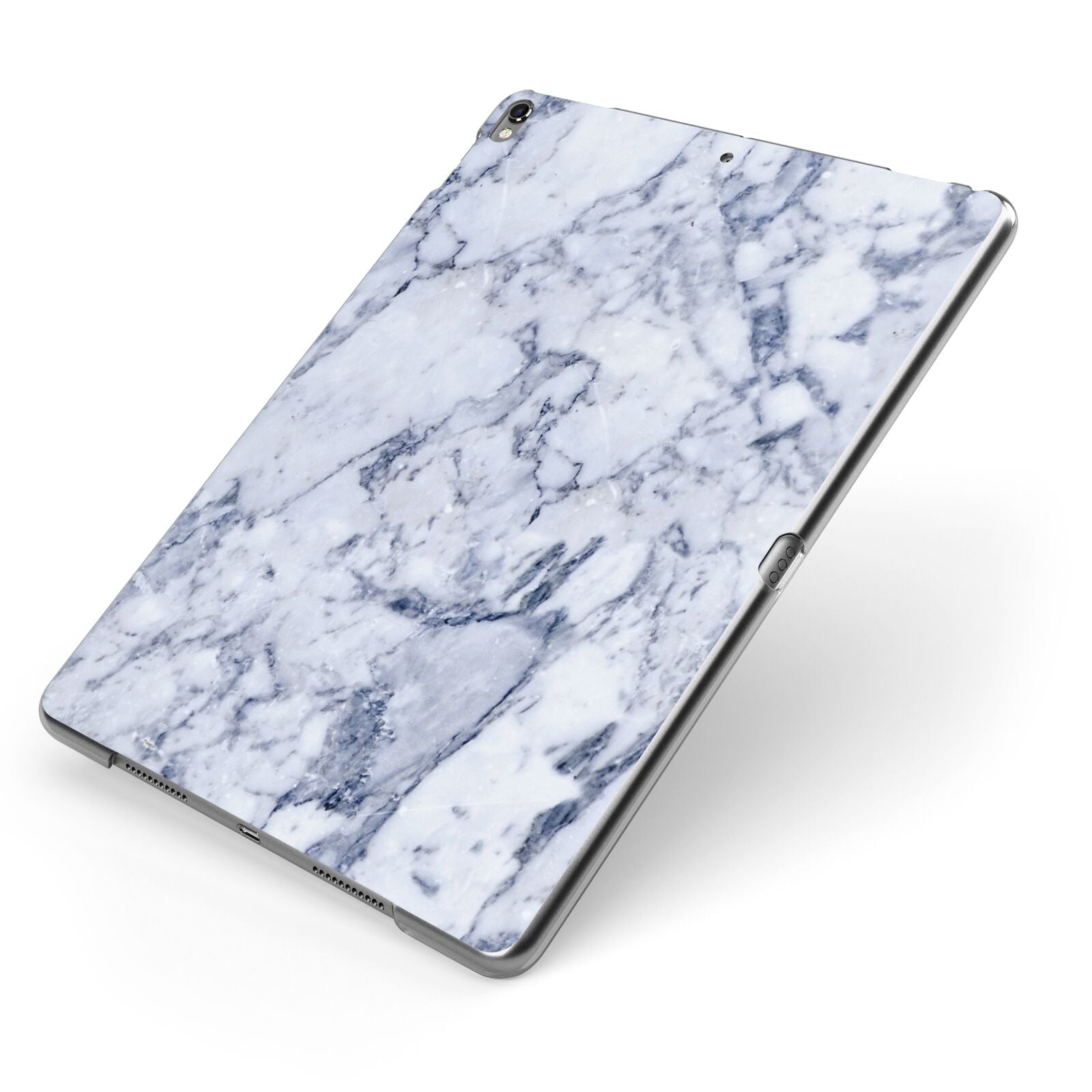 Faux Marble Blue Grey White Apple iPad Case on Grey iPad Side View