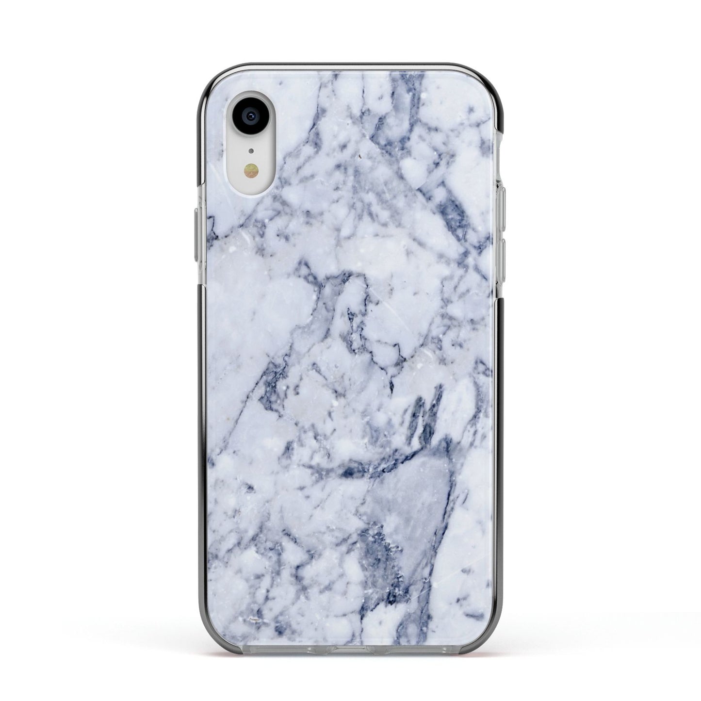 Faux Marble Blue Grey White Apple iPhone XR Impact Case Black Edge on Silver Phone