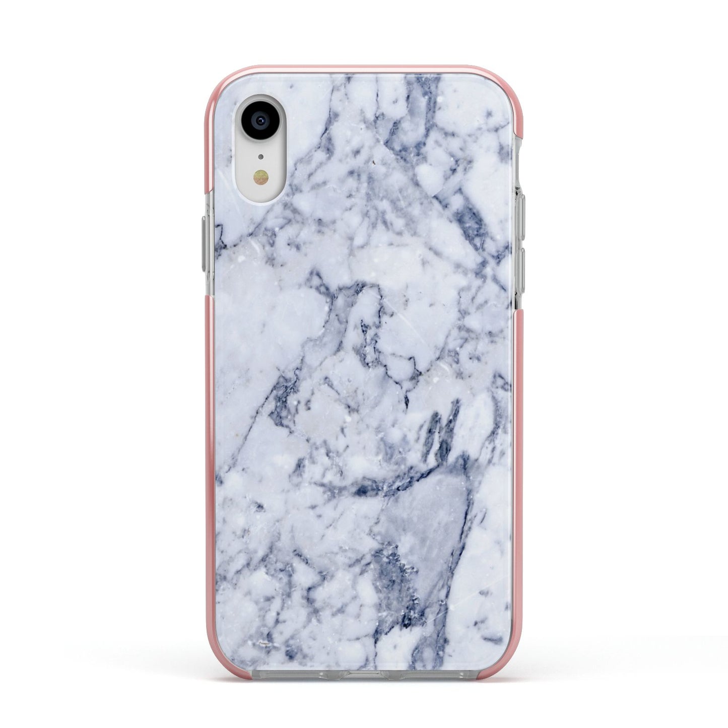 Faux Marble Blue Grey White Apple iPhone XR Impact Case Pink Edge on Silver Phone