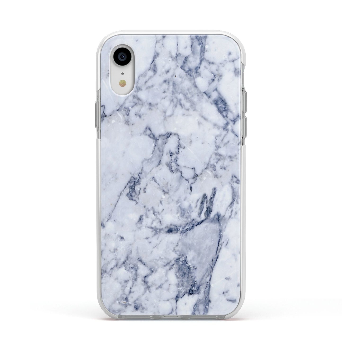 Faux Marble Blue Grey White Apple iPhone XR Impact Case White Edge on Silver Phone