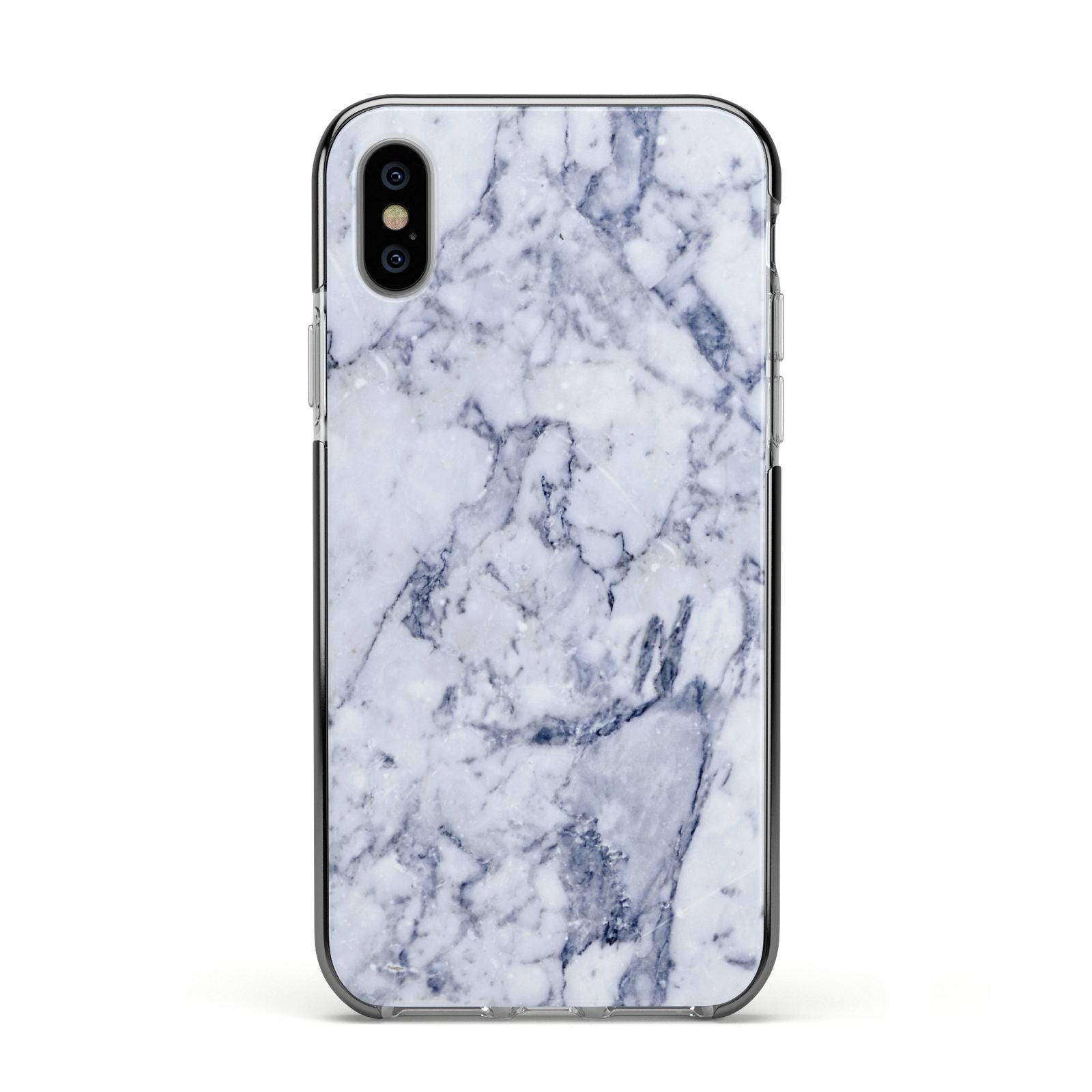 Faux Marble Blue Grey White Apple iPhone Xs Impact Case Black Edge on Silver Phone