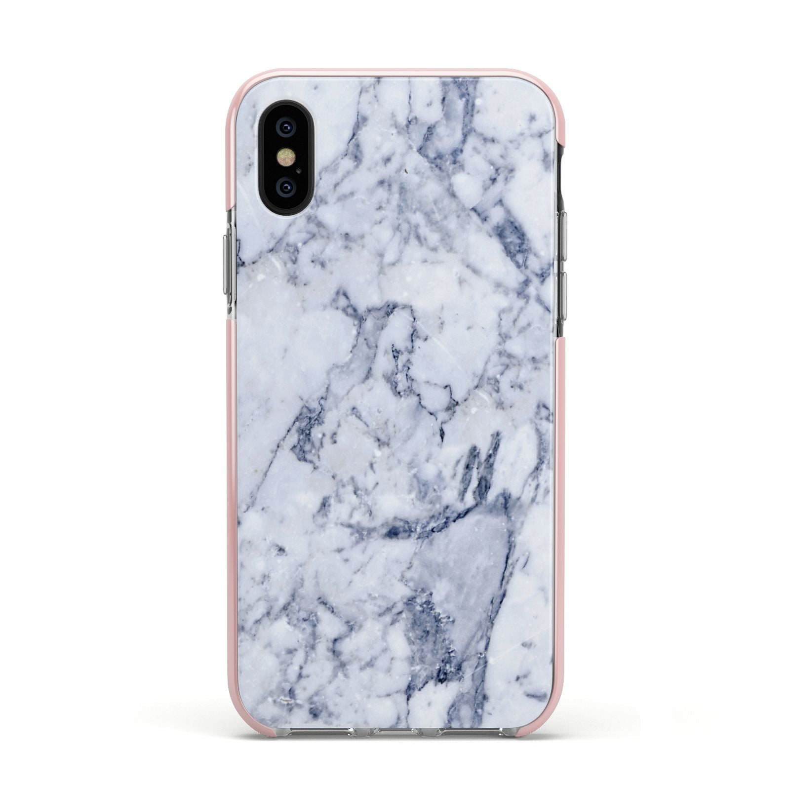 Faux Marble Blue Grey White Apple iPhone Xs Impact Case Pink Edge on Black Phone