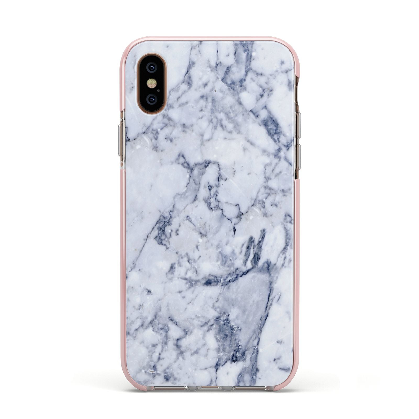 Faux Marble Blue Grey White Apple iPhone Xs Impact Case Pink Edge on Gold Phone