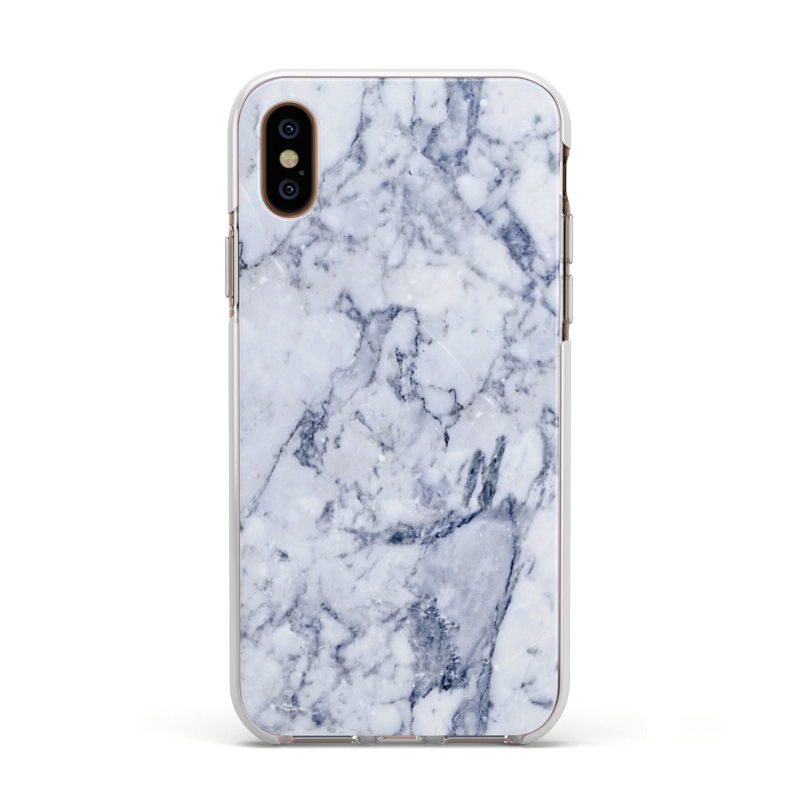 Faux Marble Blue Grey White Apple iPhone Xs Impact Case White Edge on Gold Phone