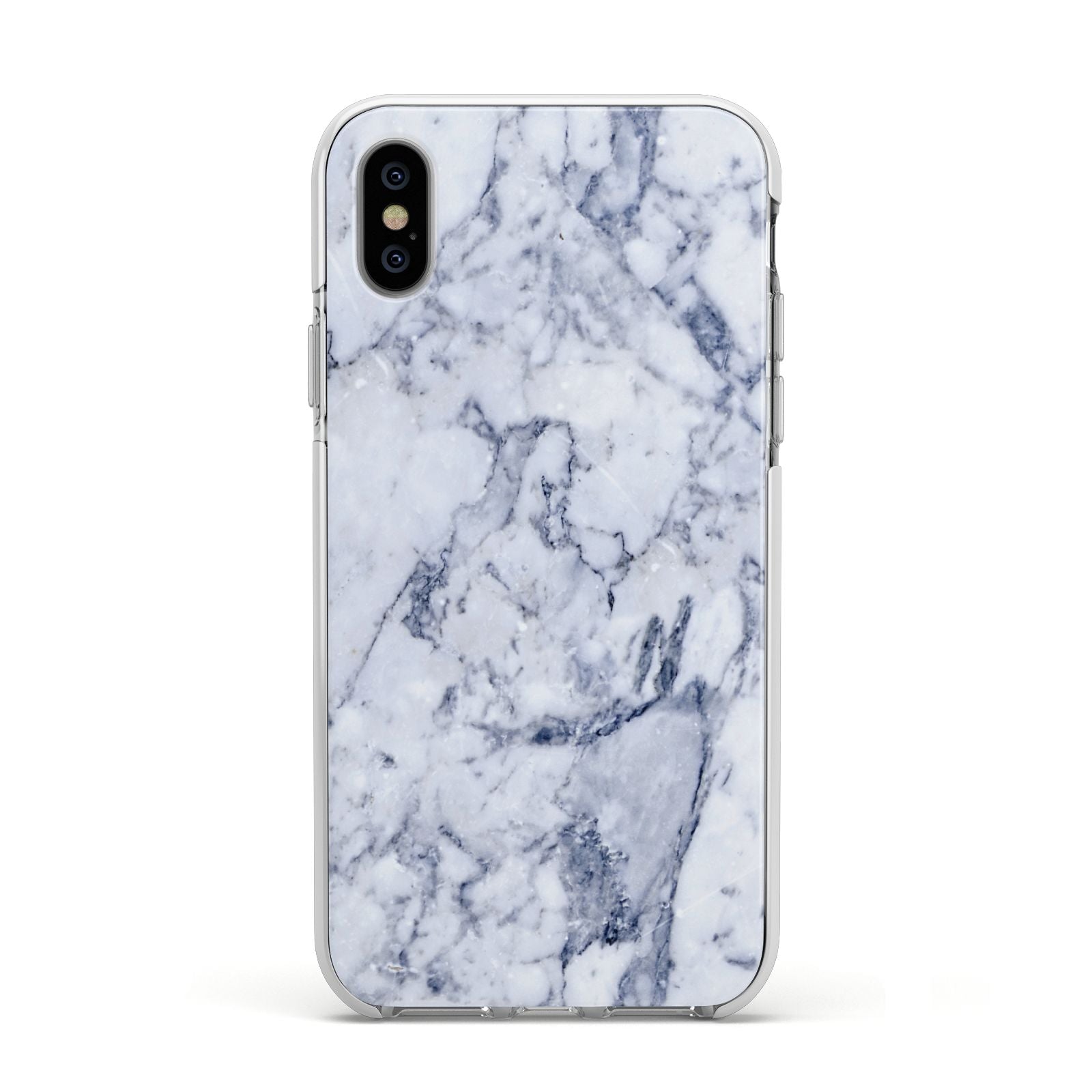 Faux Marble Blue Grey White Apple iPhone Xs Impact Case White Edge on Silver Phone