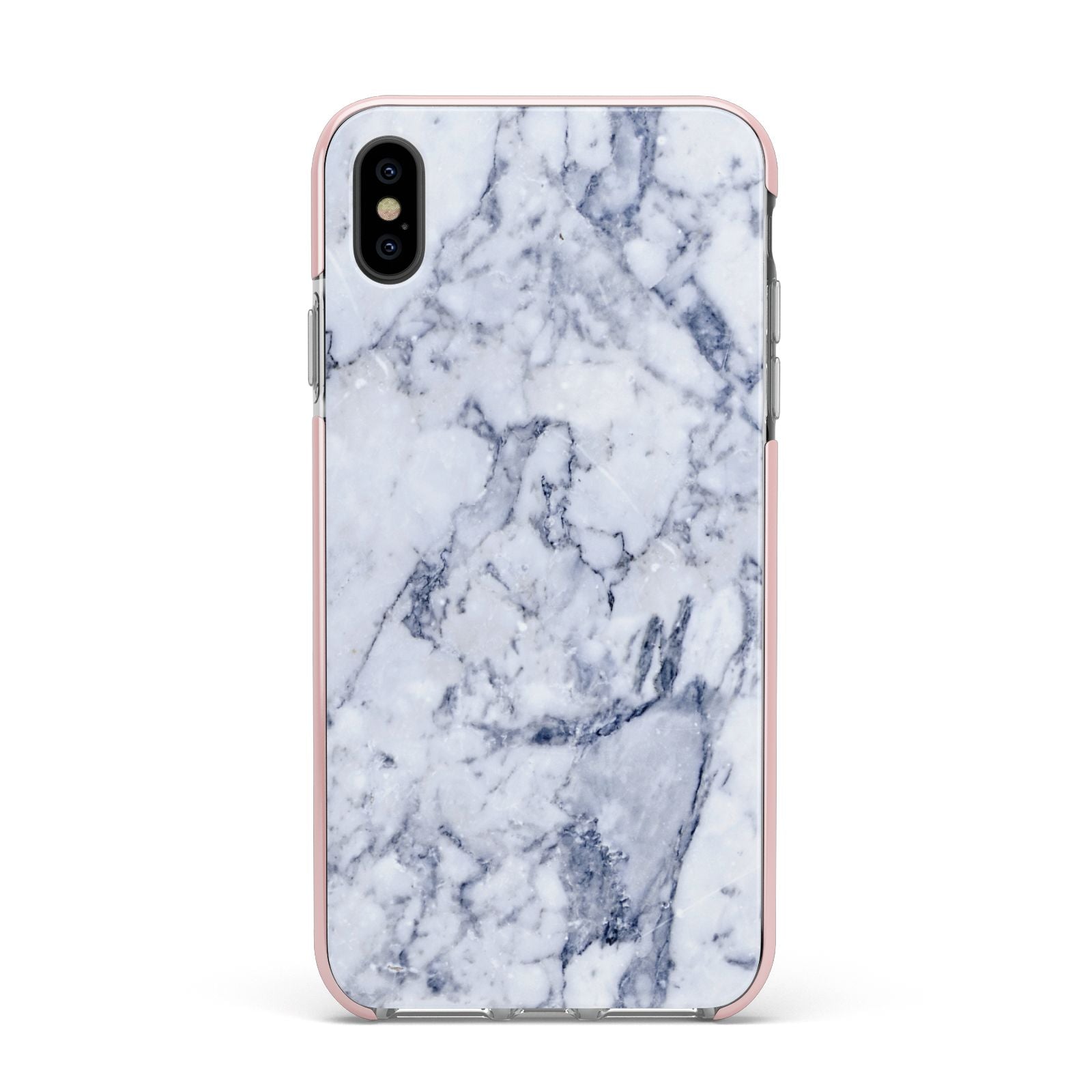 Faux Marble Blue Grey White Apple iPhone Xs Max Impact Case Pink Edge on Black Phone