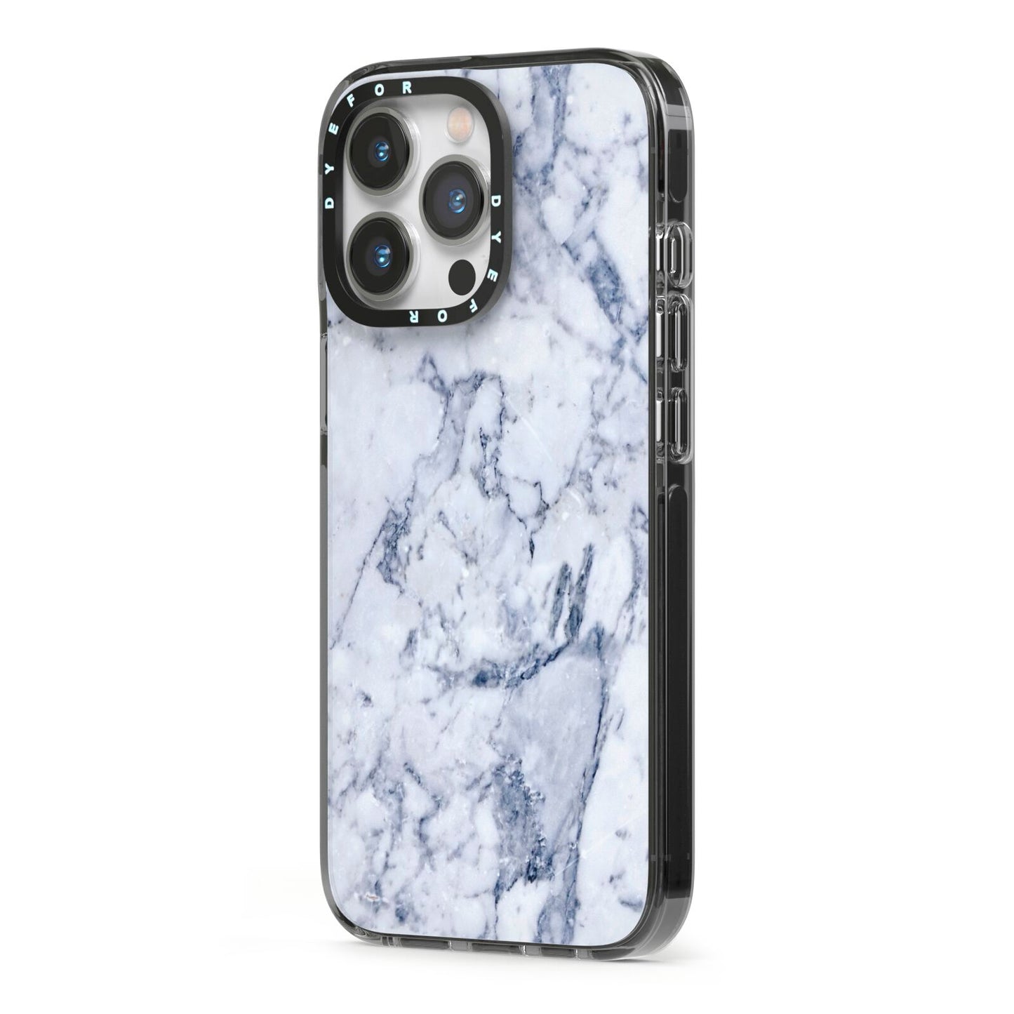 Faux Marble Blue Grey White iPhone 13 Pro Black Impact Case Side Angle on Silver phone