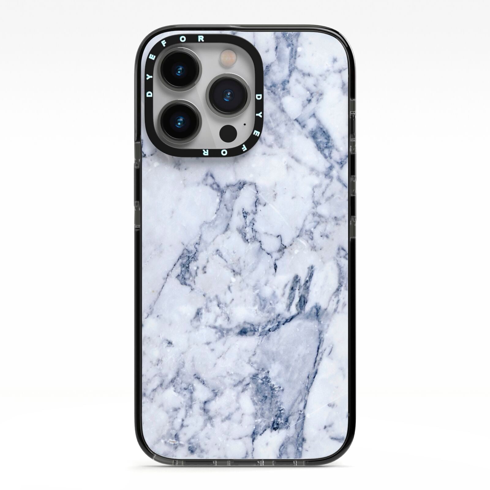 Faux Marble Blue Grey White iPhone 13 Pro Black Impact Case on Silver phone
