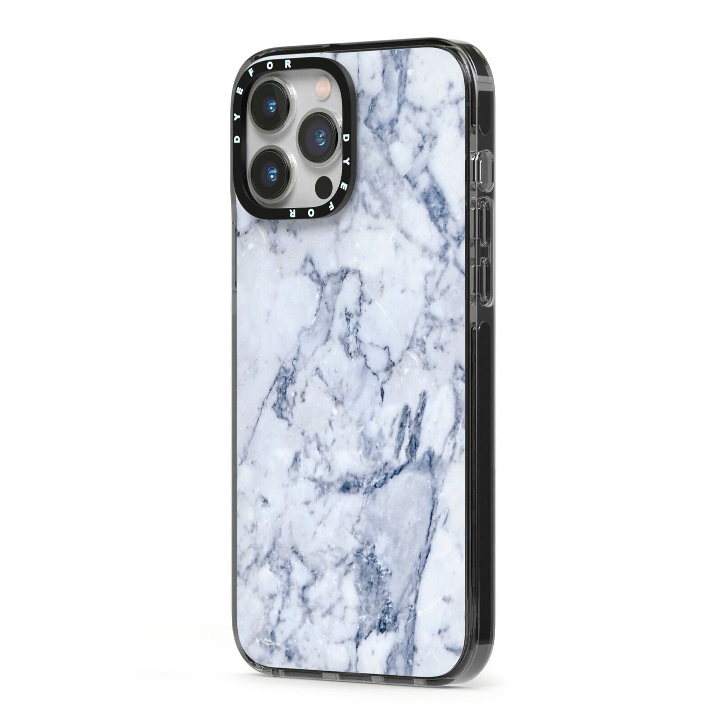 Faux Marble Blue Grey White iPhone 13 Pro Max Black Impact Case Side Angle on Silver phone