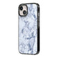 Faux Marble Blue Grey White iPhone 14 Black Impact Case Side Angle on Silver phone