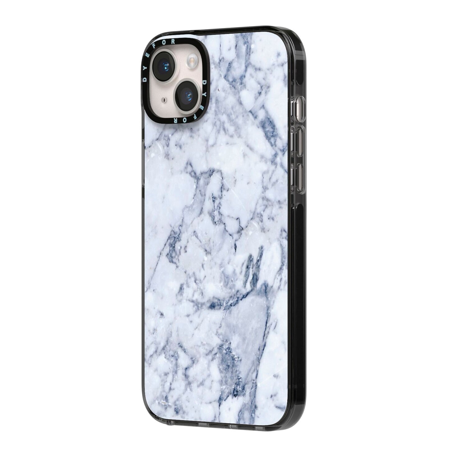 Faux Marble Blue Grey White iPhone 14 Plus Black Impact Case Side Angle on Silver phone