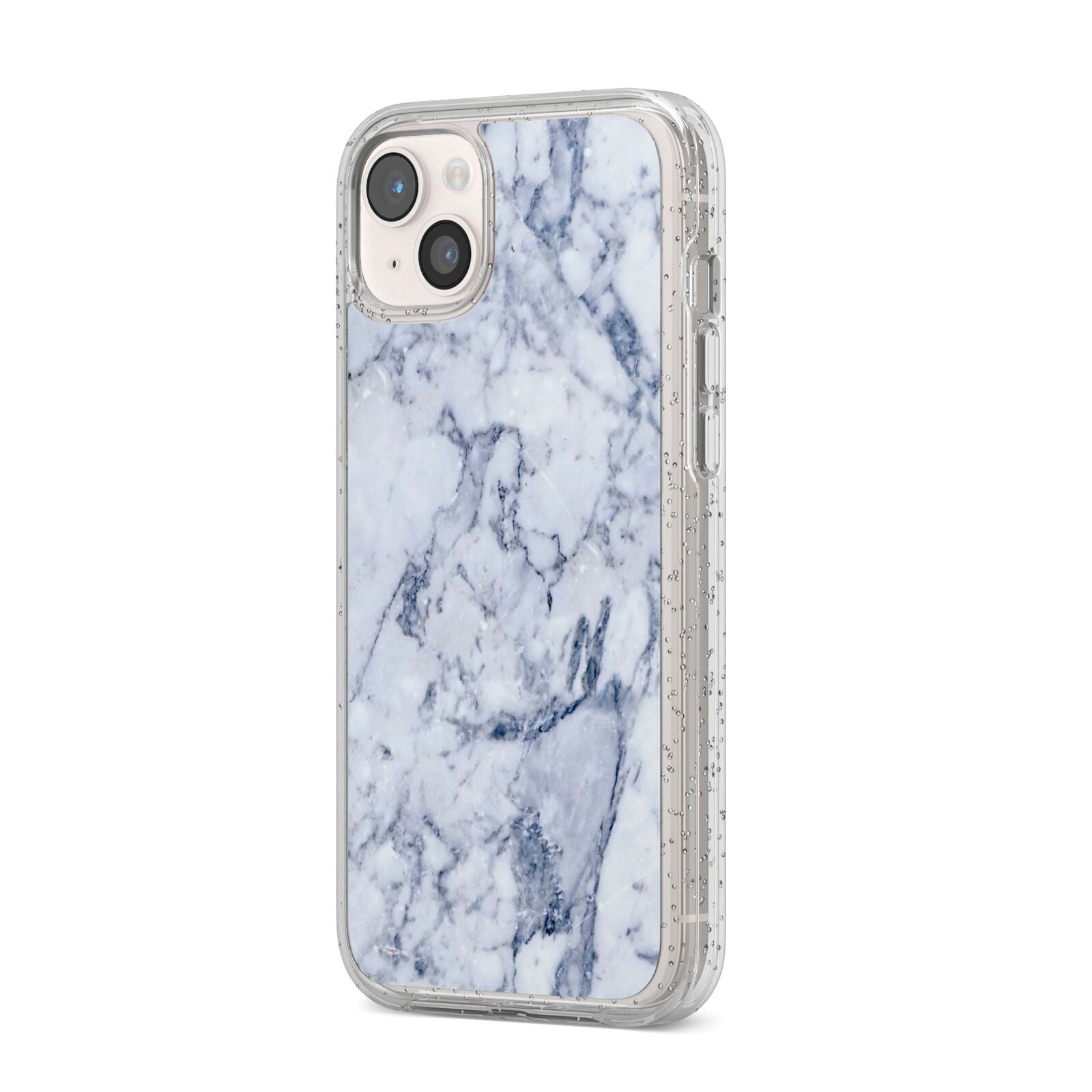 Faux Marble Blue Grey White iPhone 14 Plus Glitter Tough Case Starlight Angled Image