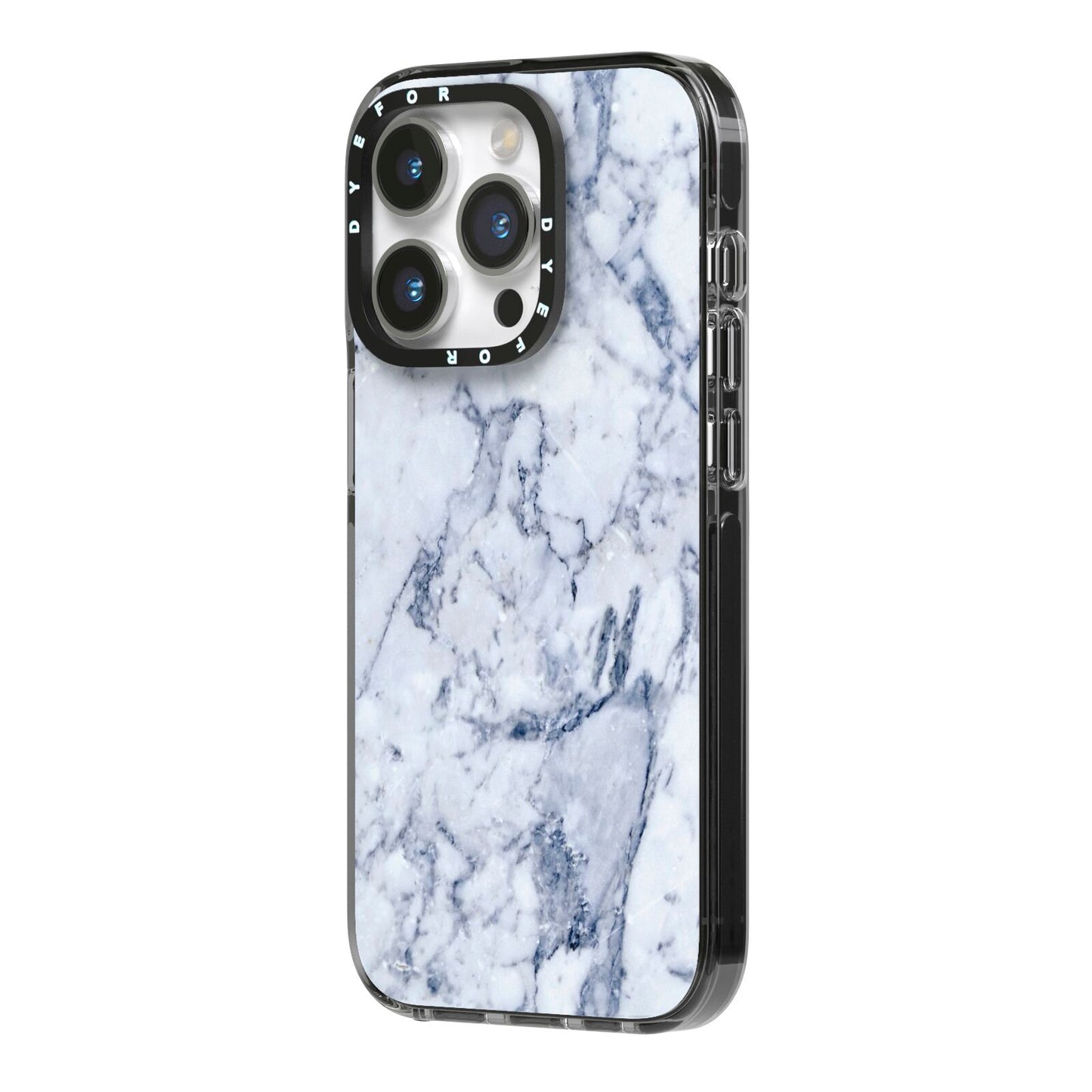 Faux Marble Blue Grey White iPhone 14 Pro Black Impact Case Side Angle on Silver phone