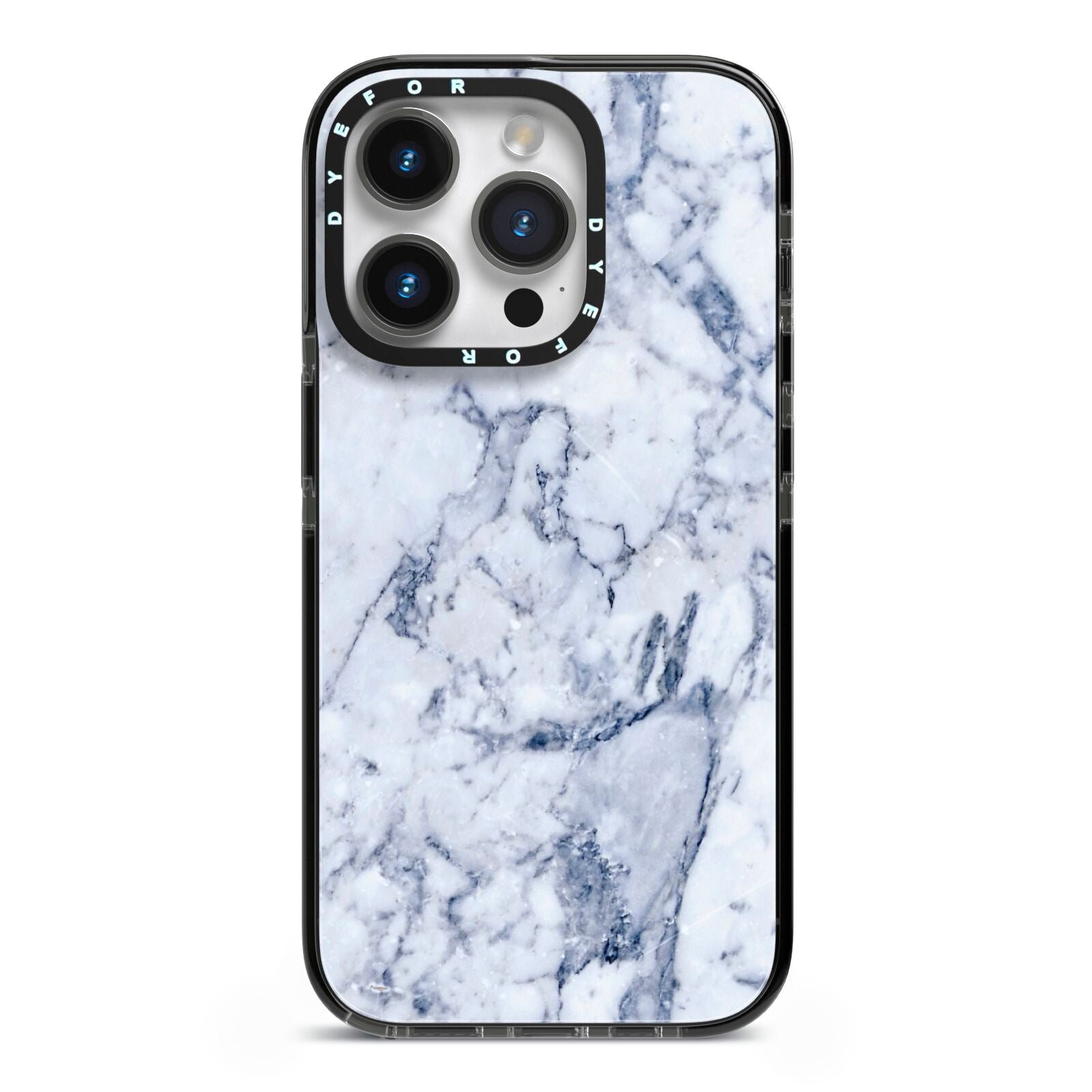 Faux Marble Blue Grey White iPhone 14 Pro Black Impact Case on Silver phone