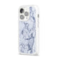 Faux Marble Blue Grey White iPhone 14 Pro Clear Tough Case Silver Angled Image