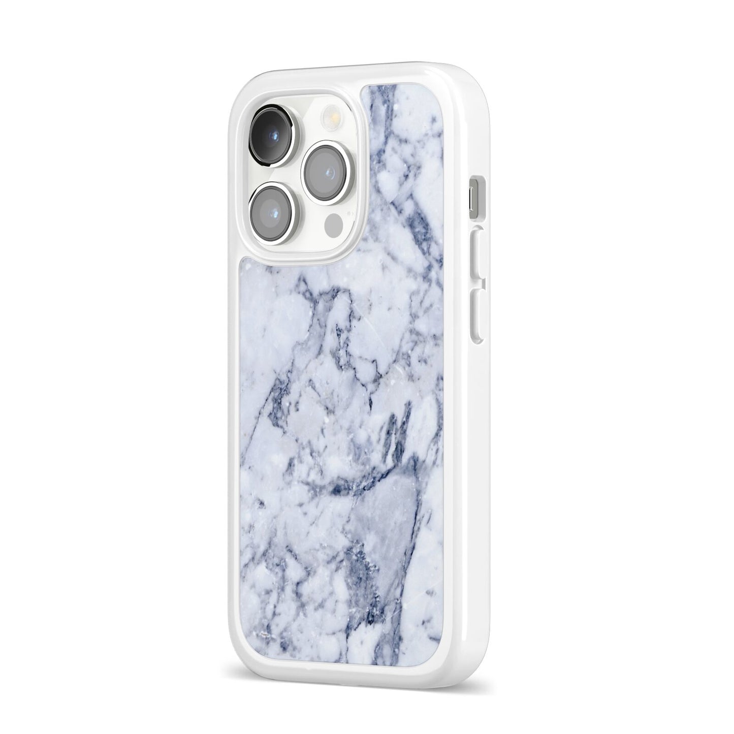 Faux Marble Blue Grey White iPhone 14 Pro Clear Tough Case Silver Angled Image