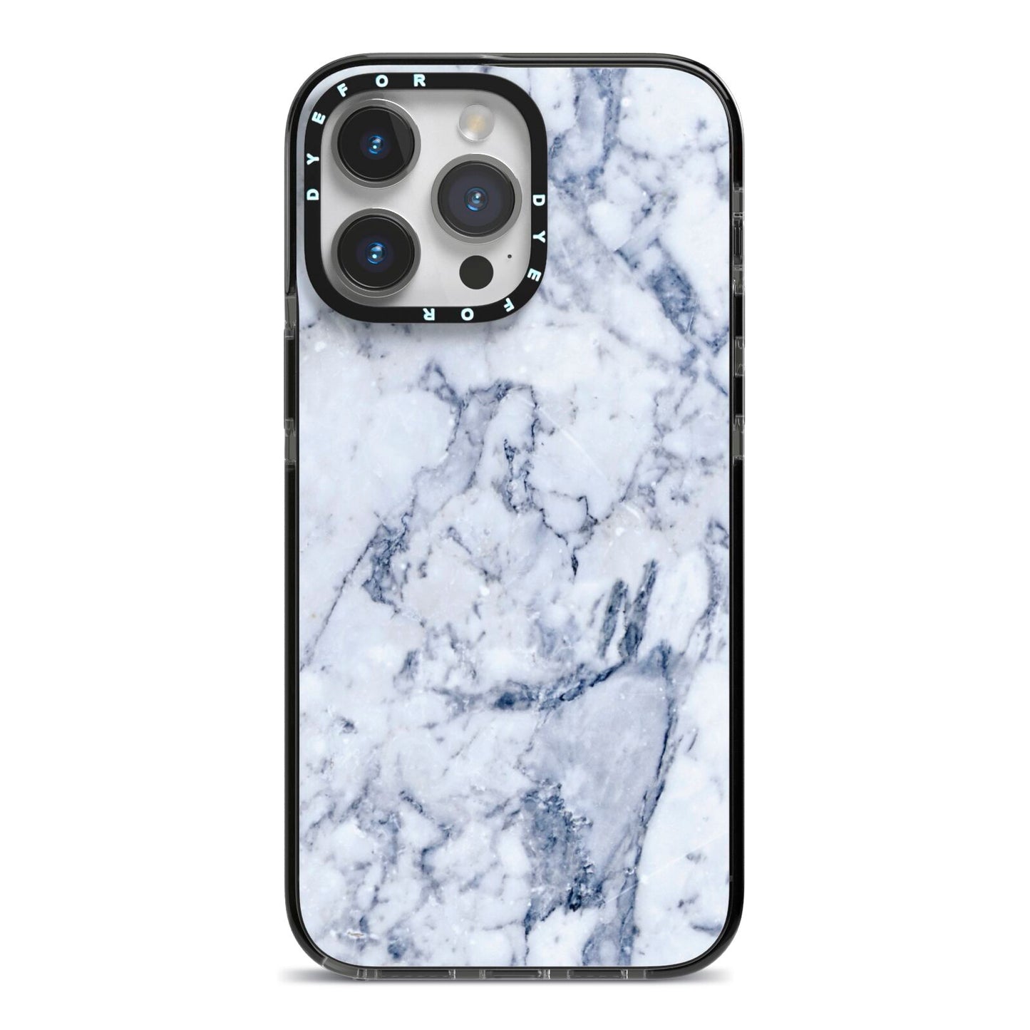 Faux Marble Blue Grey White iPhone 14 Pro Max Black Impact Case on Silver phone