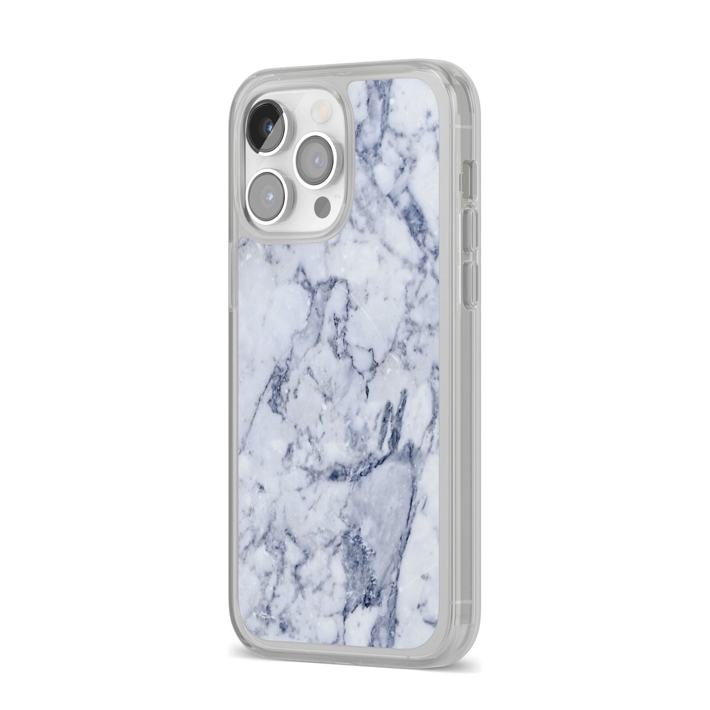 Faux Marble Blue Grey White iPhone 14 Pro Max Clear Tough Case Silver Angled Image