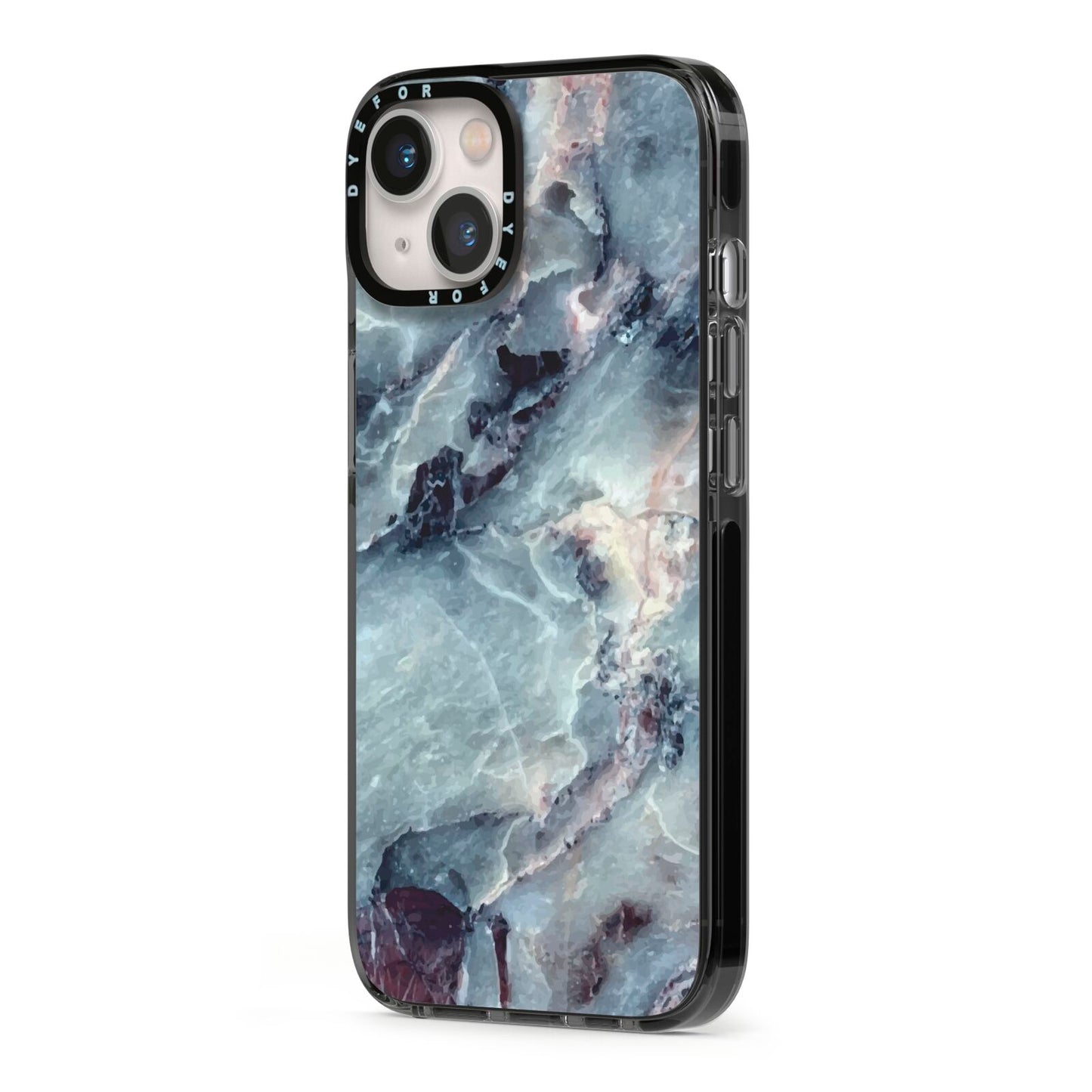 Faux Marble Blue Grey iPhone 13 Black Impact Case Side Angle on Silver phone