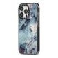 Faux Marble Blue Grey iPhone 13 Pro Black Impact Case Side Angle on Silver phone