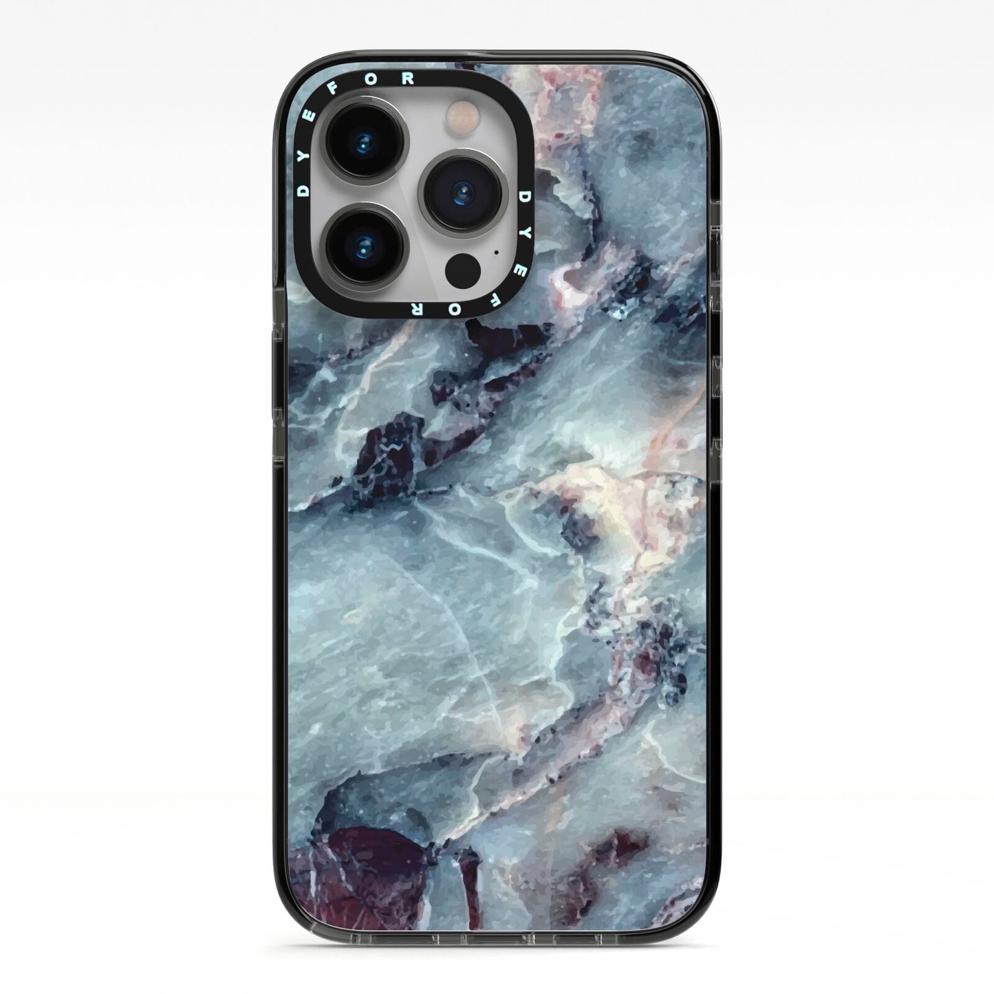 Faux Marble Blue Grey iPhone 13 Pro Black Impact Case on Silver phone